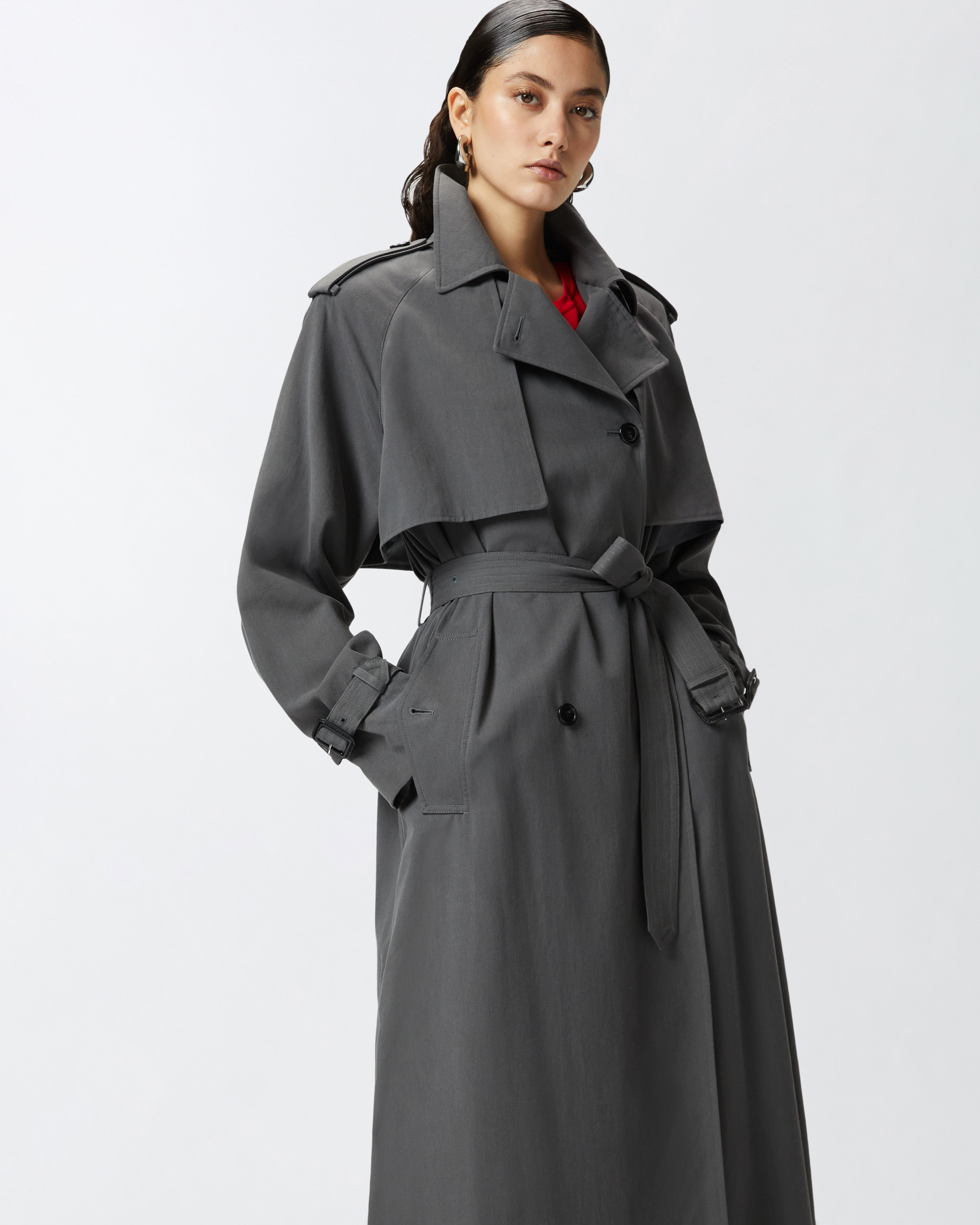 Pinko Classic Faded Cotton Trench Coat In Gris Ombre