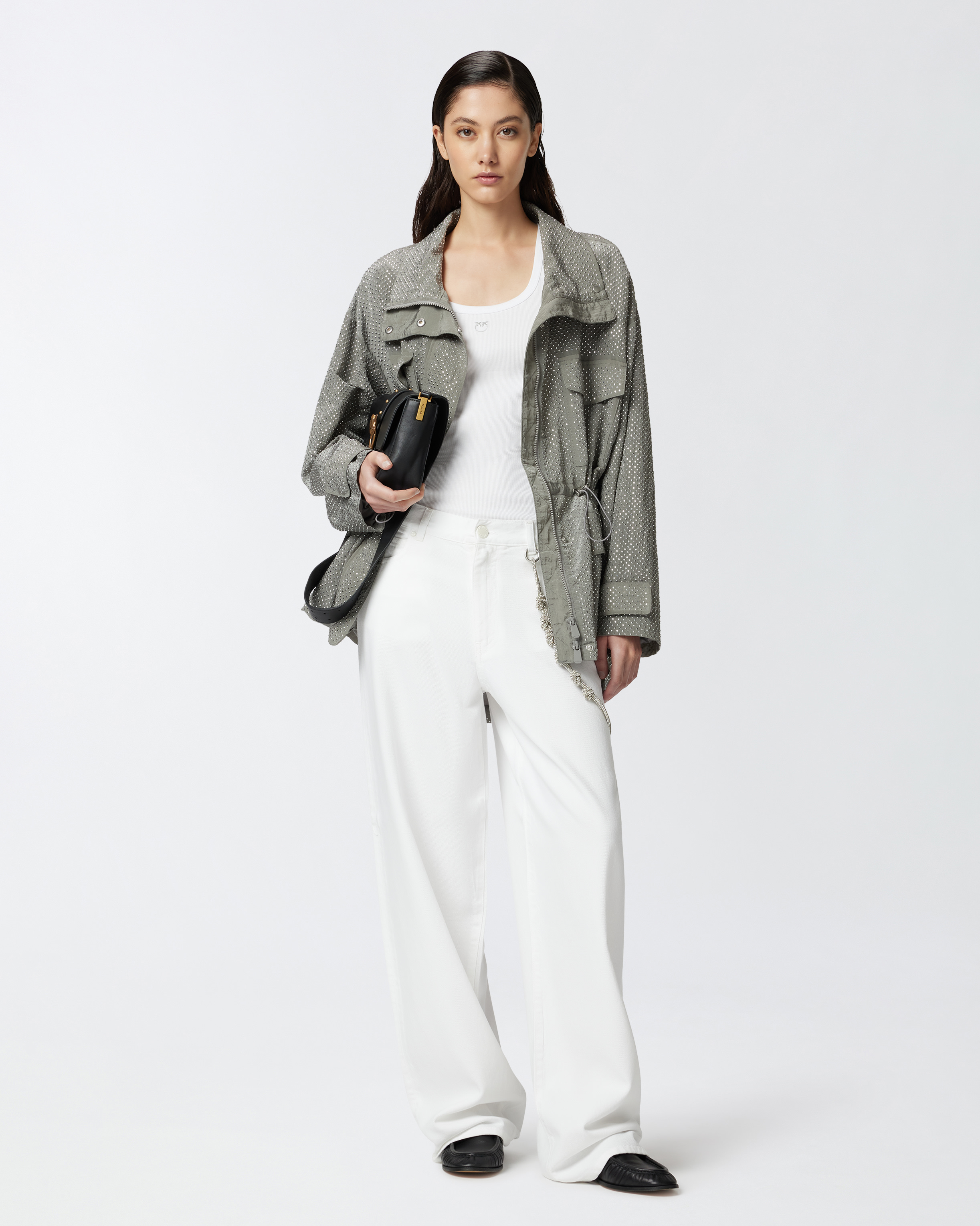 Pinko White Pants With Logo Patch On The Back And Chain Detail With Rhinestones In Bright White