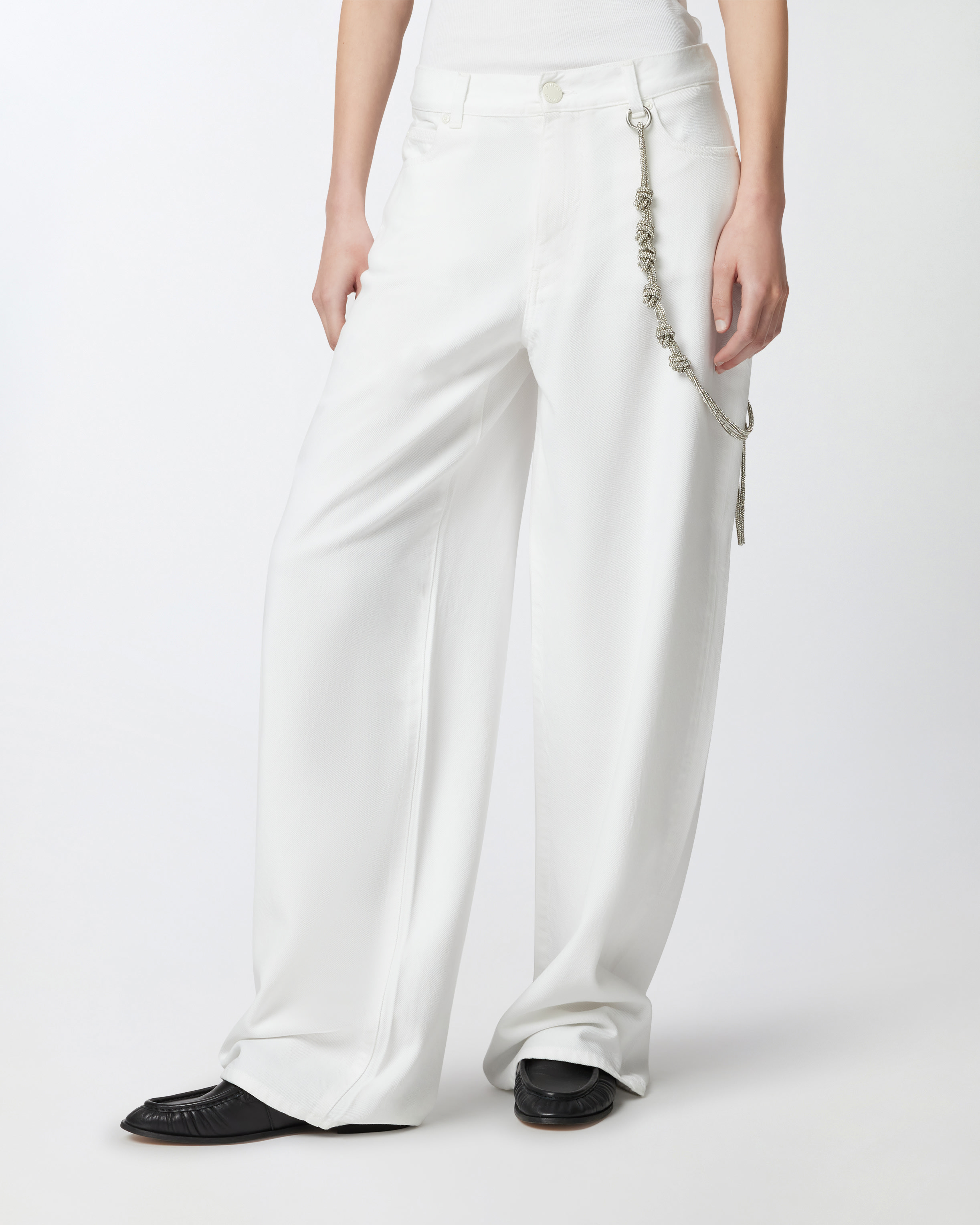 Pinko White Pants With Logo Patch On The Back And Chain Detail With Rhinestones In Bright White
