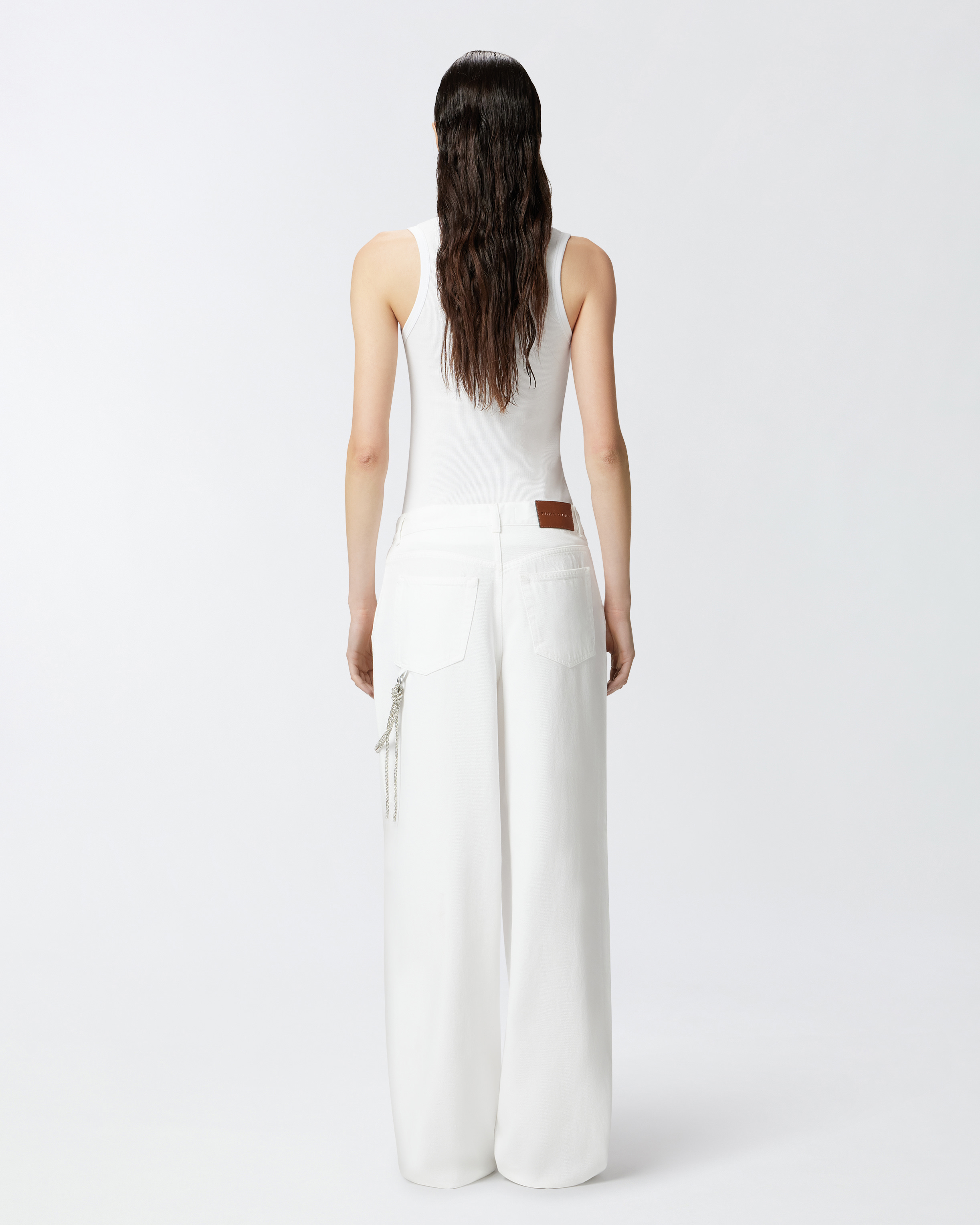 Pinko White Pants With Logo Patch On The Back And Chain Detail With Rhinestones In Bright White