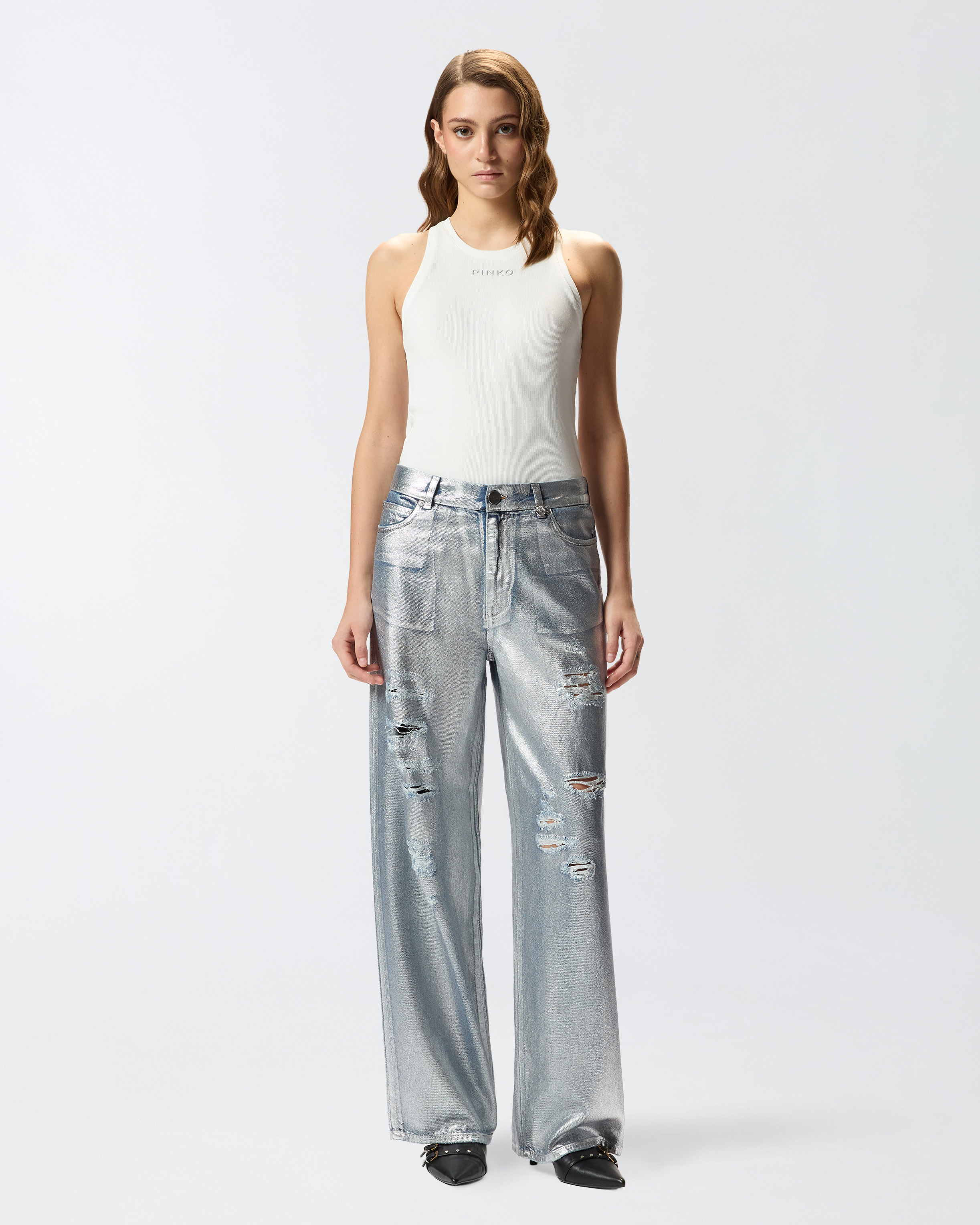 Pinko Loose-fit Laminated Denim Jeans In Silver