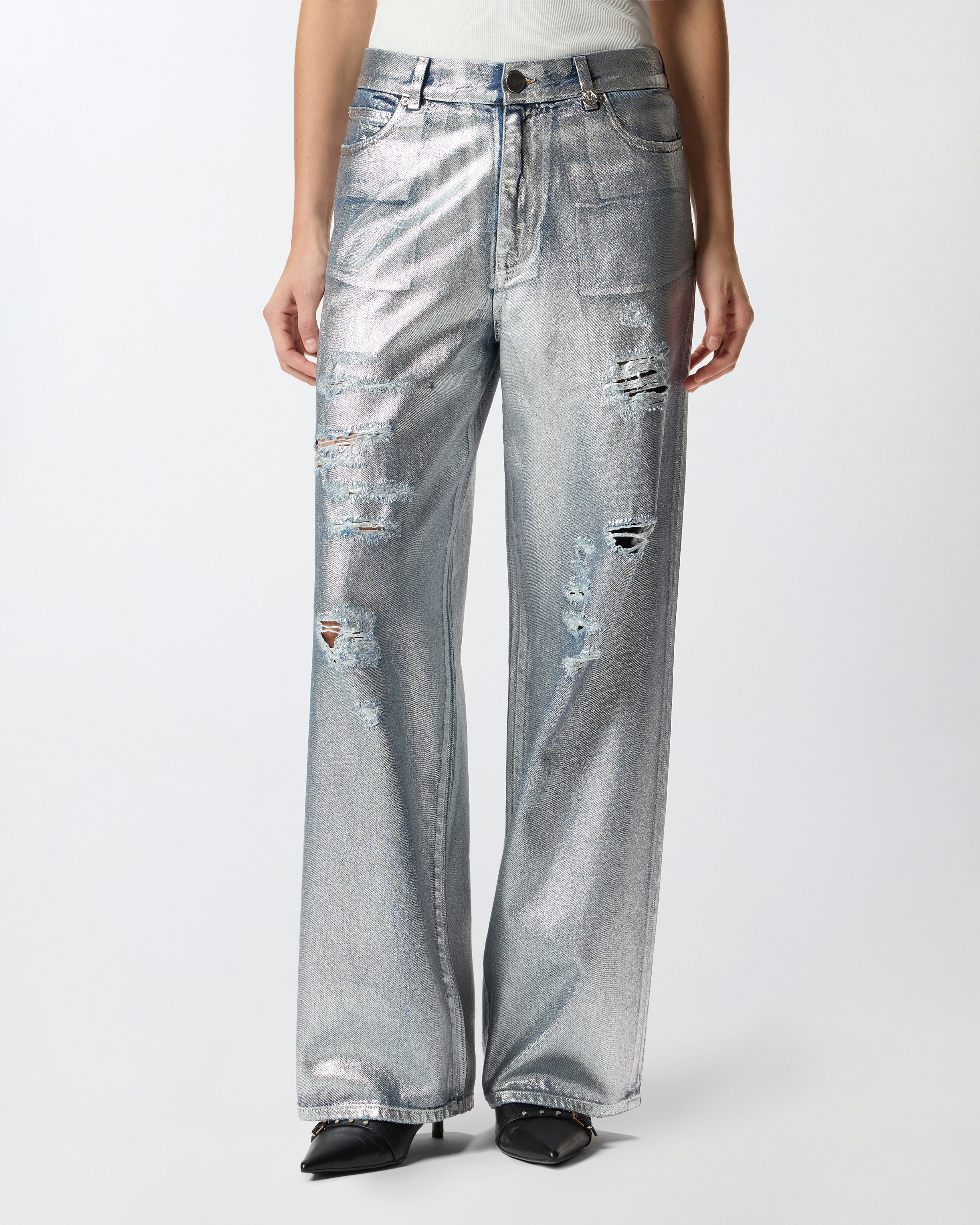 Pinko Loose-fit Laminated Denim Jeans In Silver