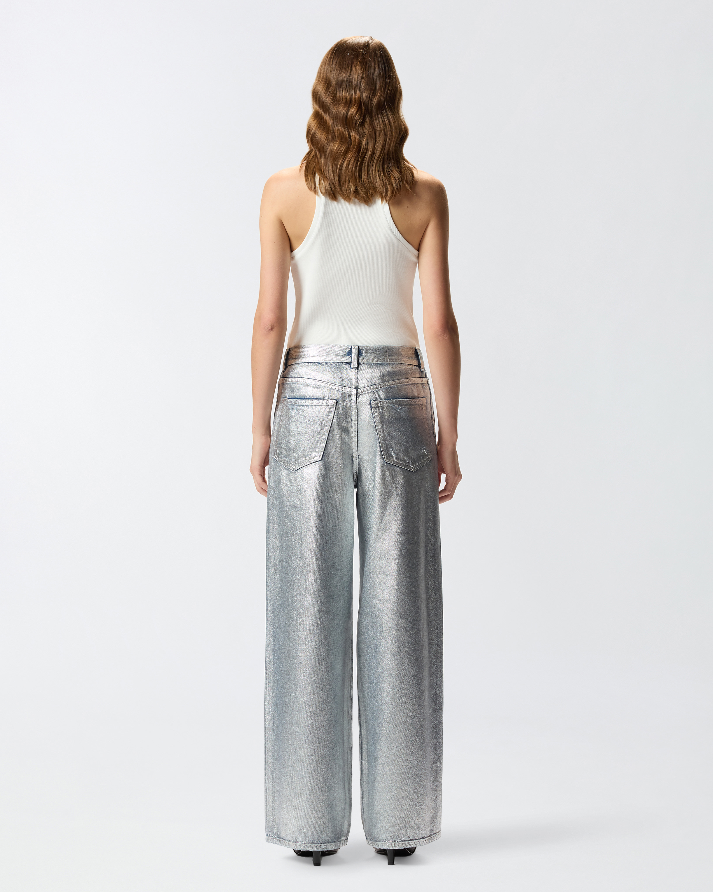 Pinko Loose-fit Laminated Denim Jeans In Silver