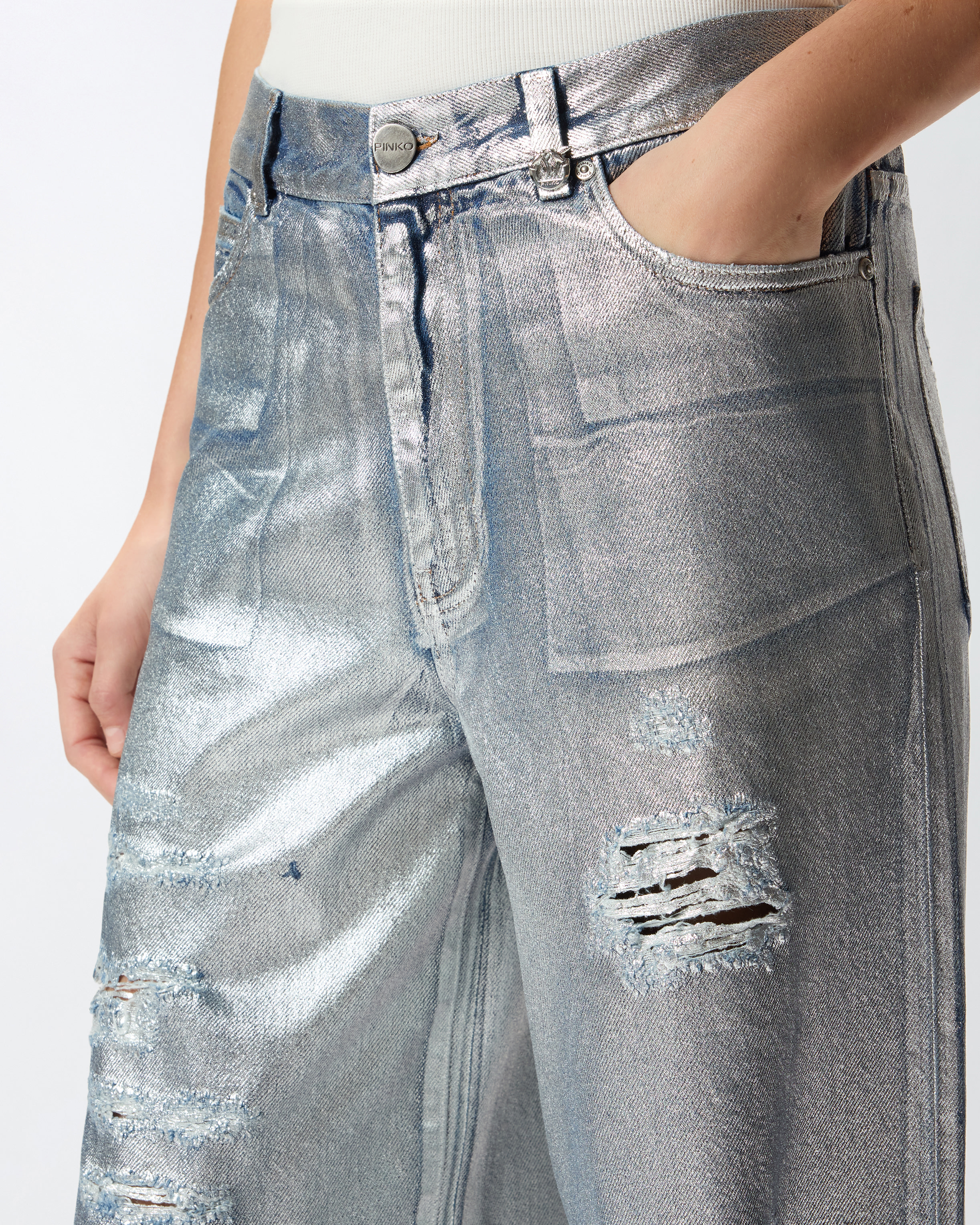 Pinko Loose-fit Laminated Denim Jeans In Silver