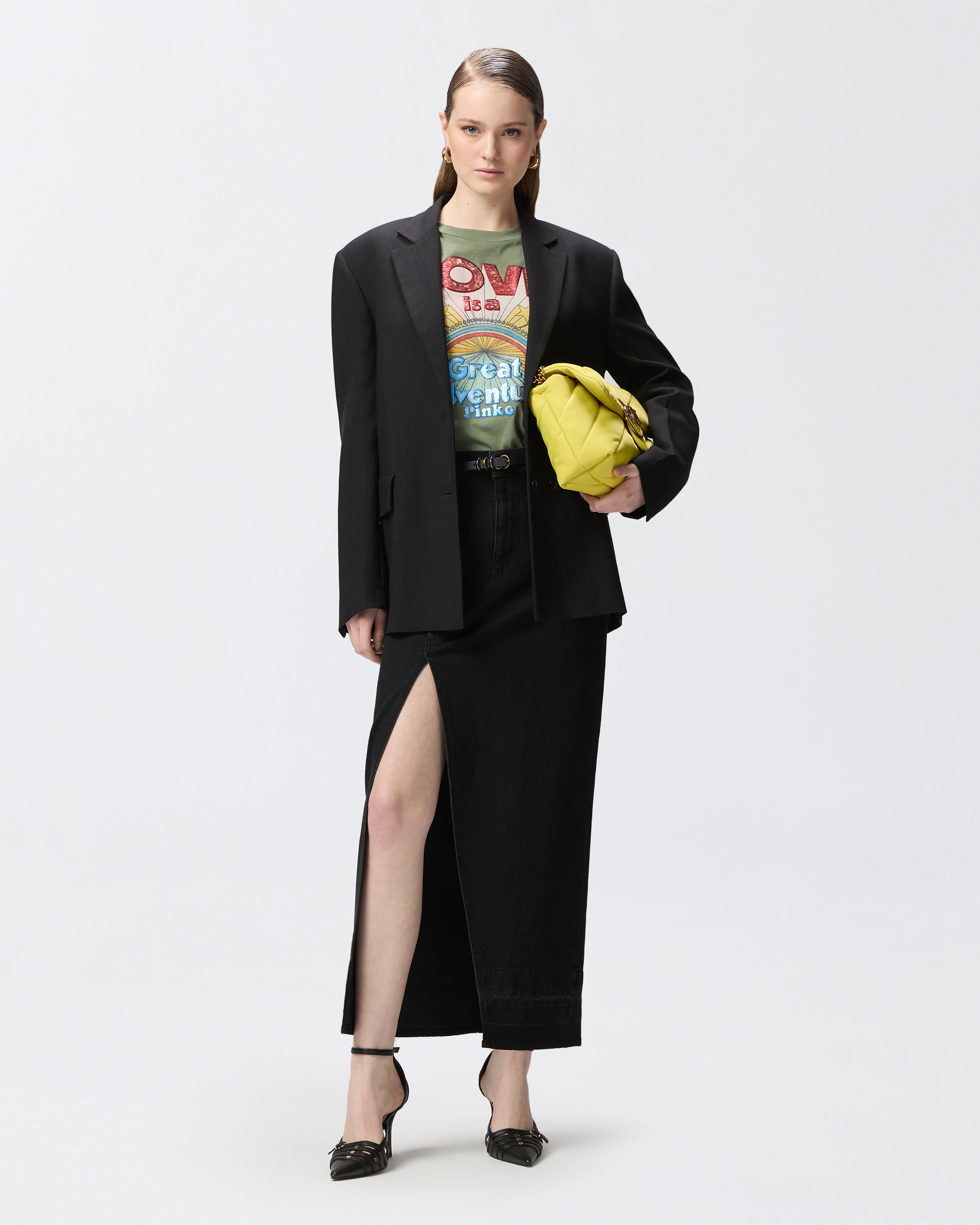 Pinko Love Print T-shirt With Stars In Four-leaf Clover Green