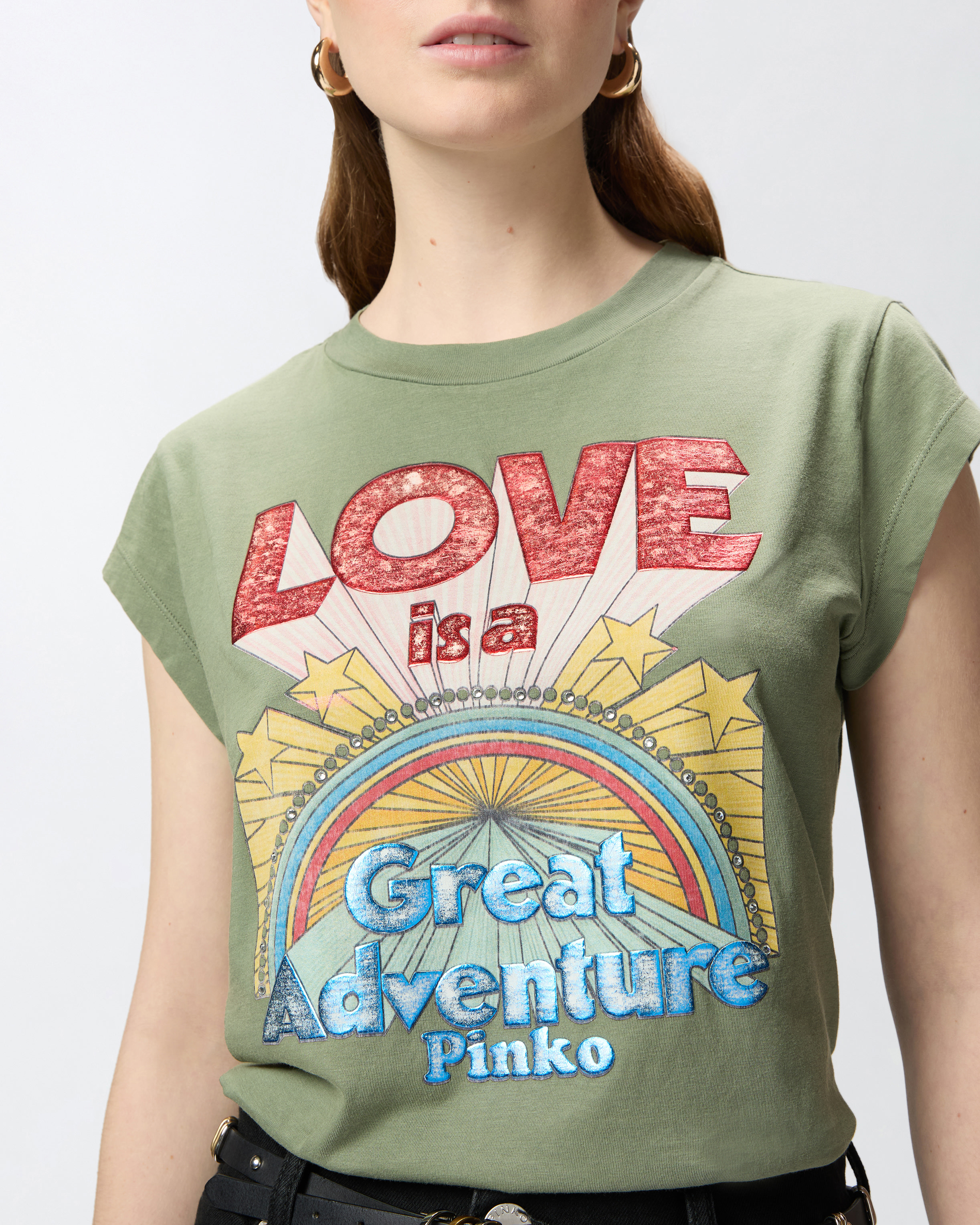 Pinko Love Print T-shirt With Stars In Four-leaf Clover Green