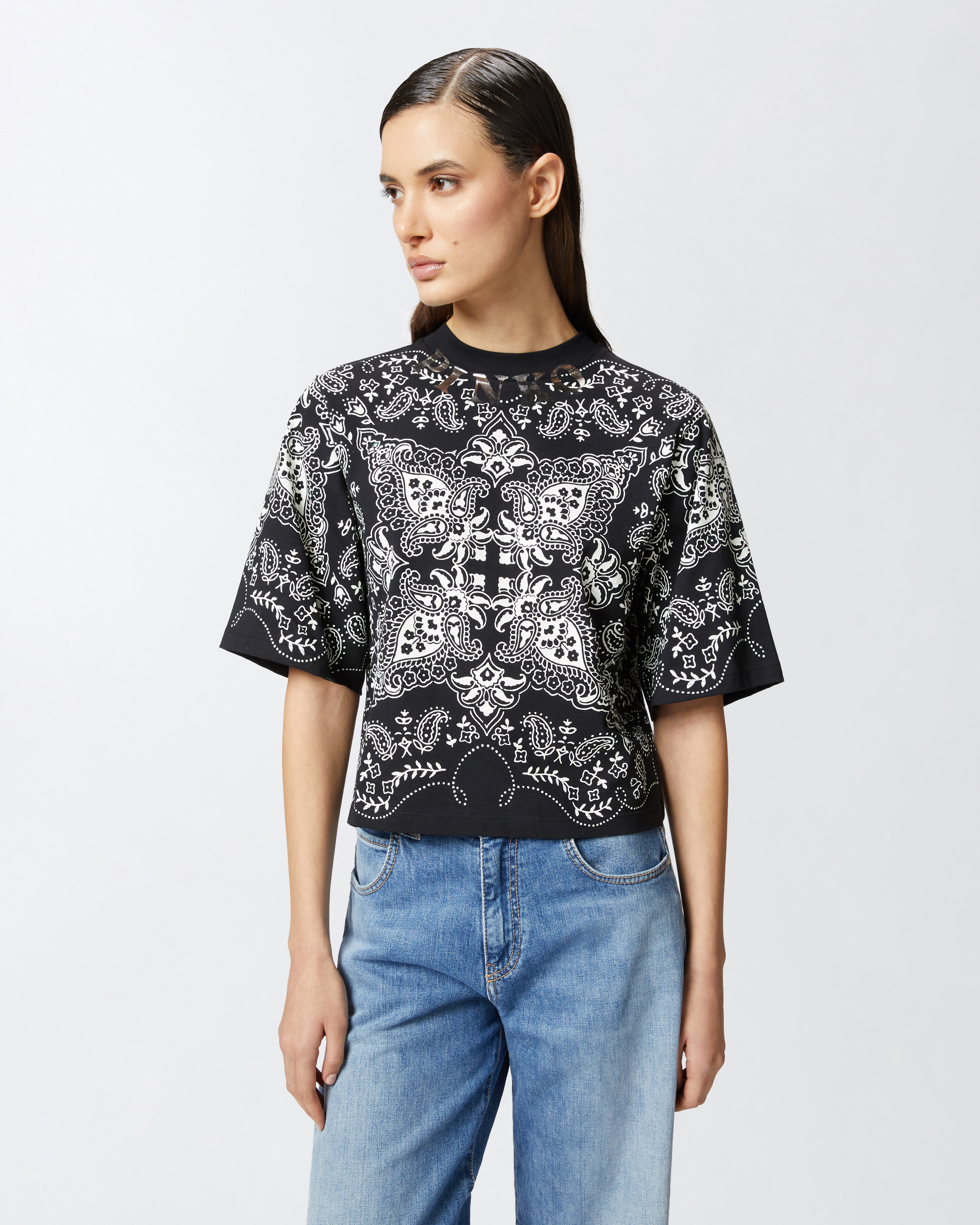 Pinko Crew Neck Paisley Pattern Short Sleeves Tops In White/grey/pale Blue