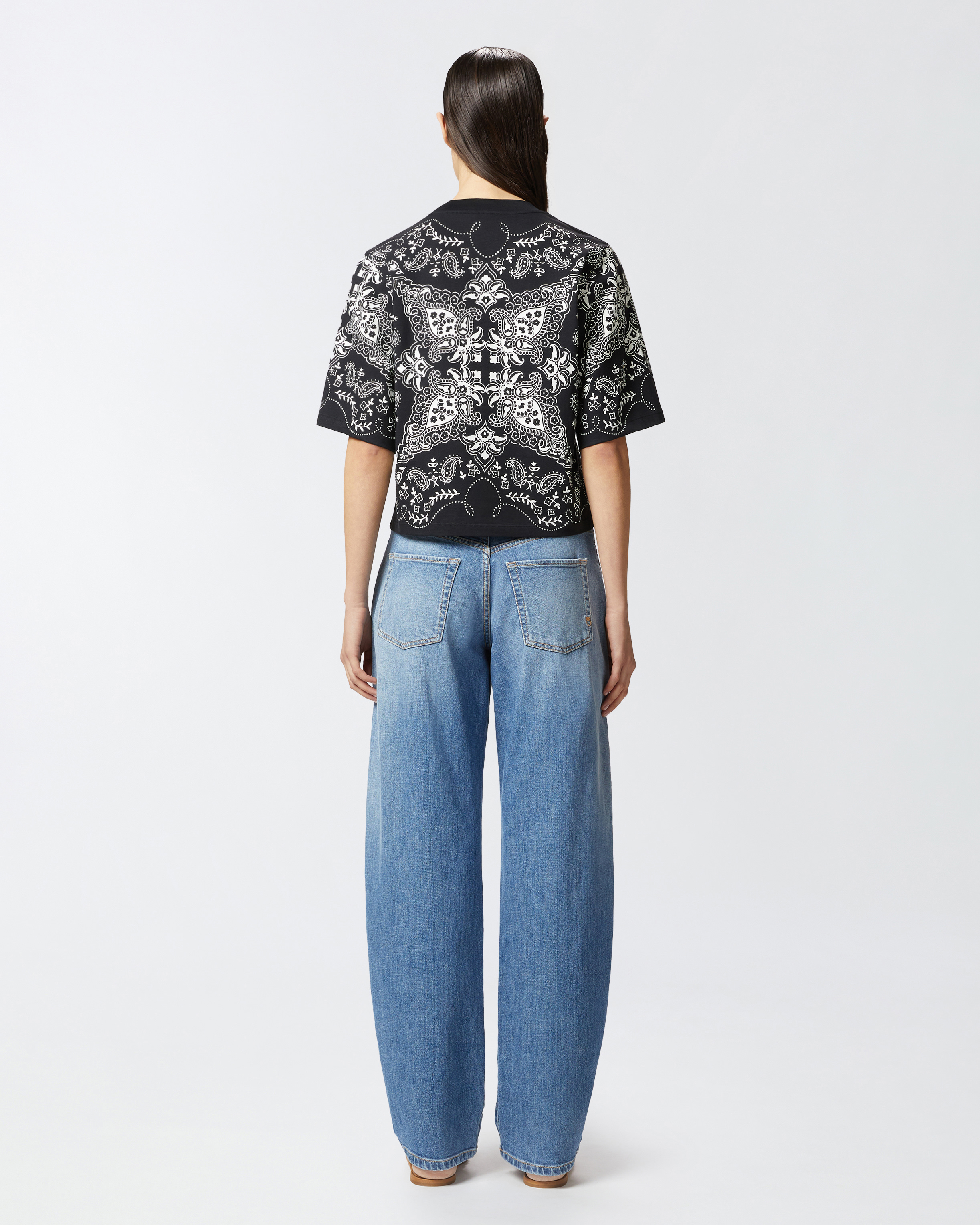 Pinko Crew Neck Paisley Pattern Short Sleeves Tops In White/grey/pale Blue