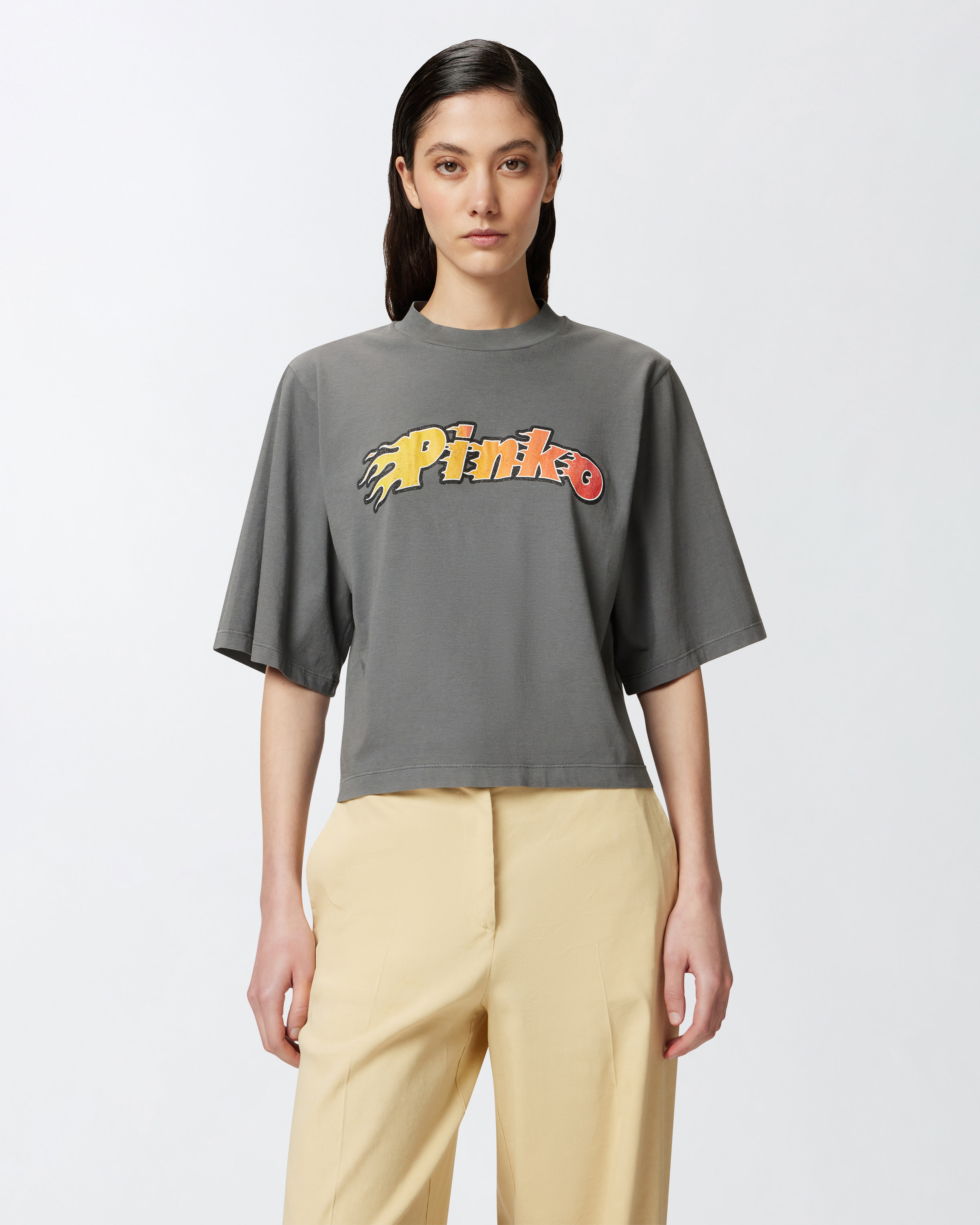 Pinko Flaming Logo Print T-shirt In Grigio-gabbiano Scuro
