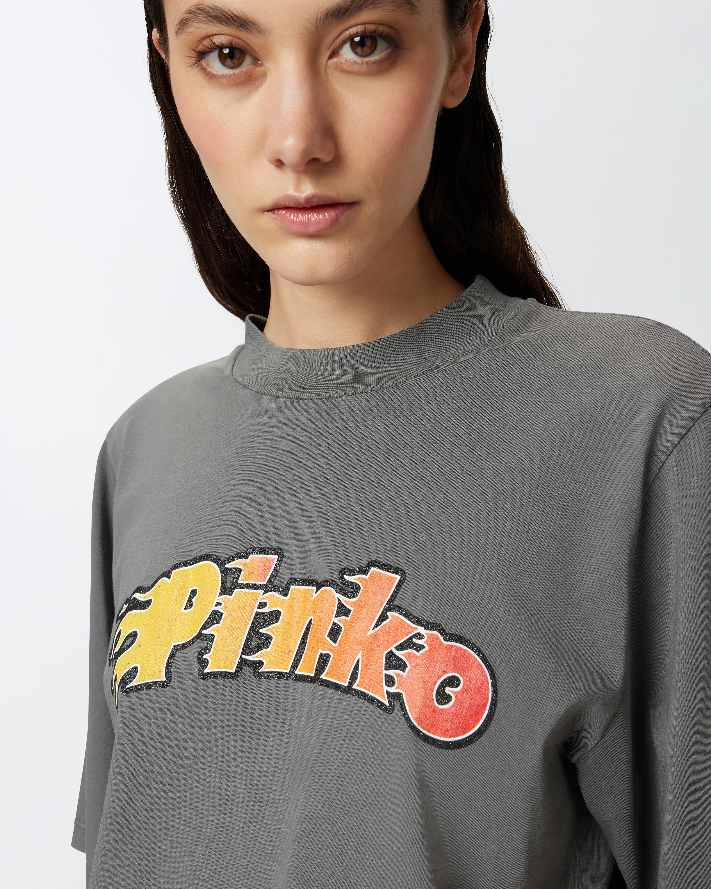 Pinko Flaming Logo Print T-shirt In Grigio-gabbiano Scuro