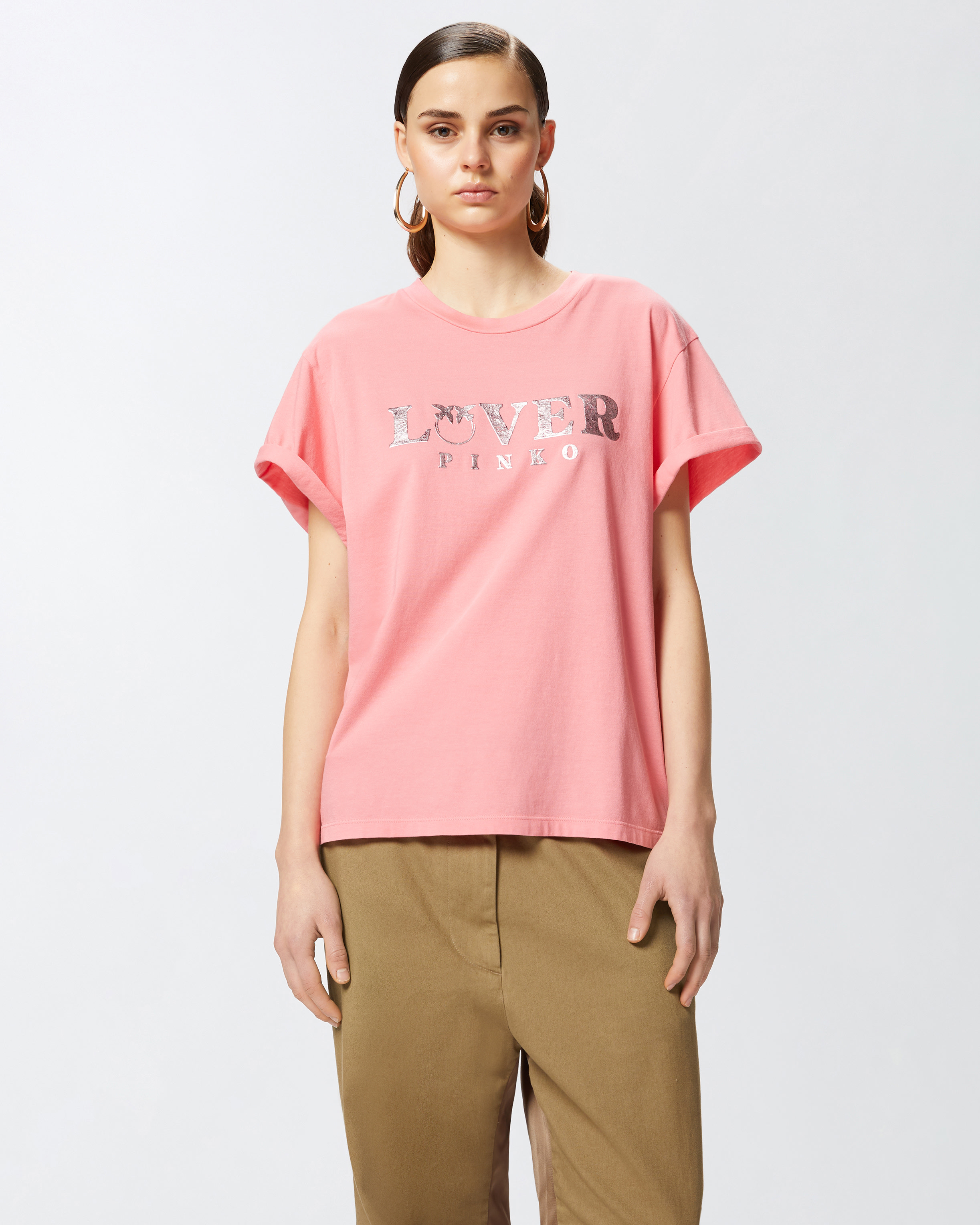 Pinko Metallic Print T-shirt On The Front In Corail Ensoleillé