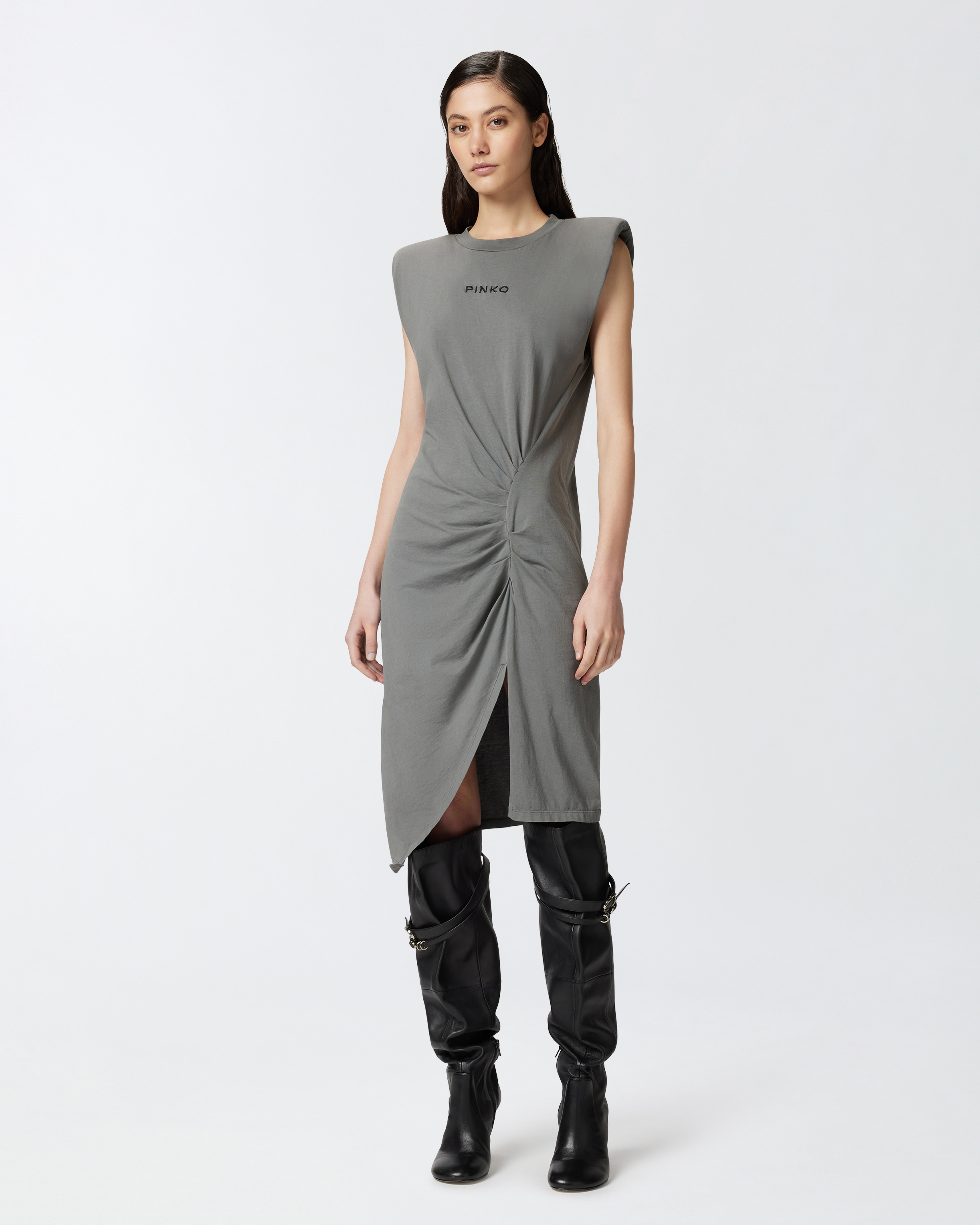 Pinko Knitted Midi Dress With Padded Shoulders In Grey-dark Seagull