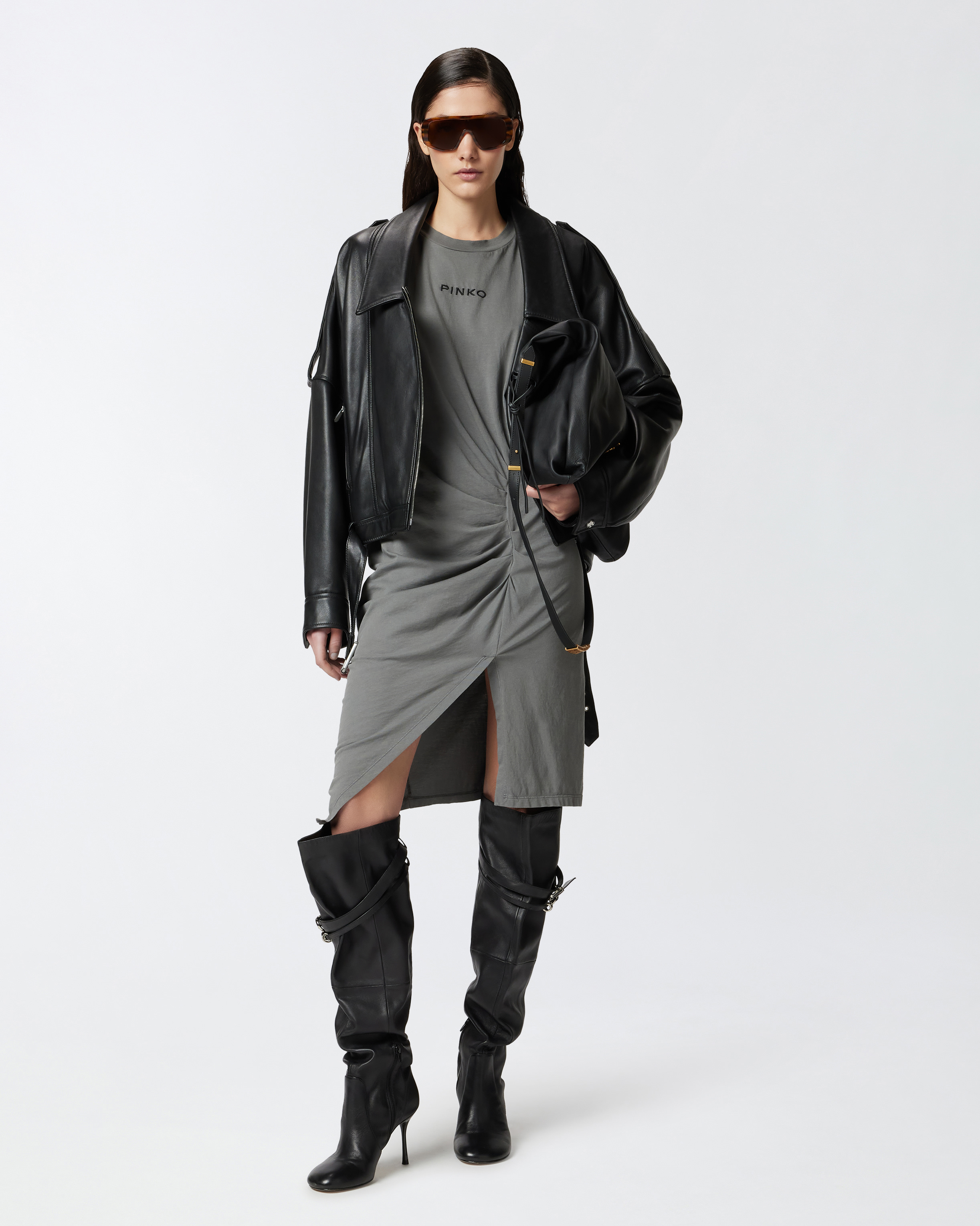 Pinko Knitted Midi Dress With Padded Shoulders In Grey-dark Seagull