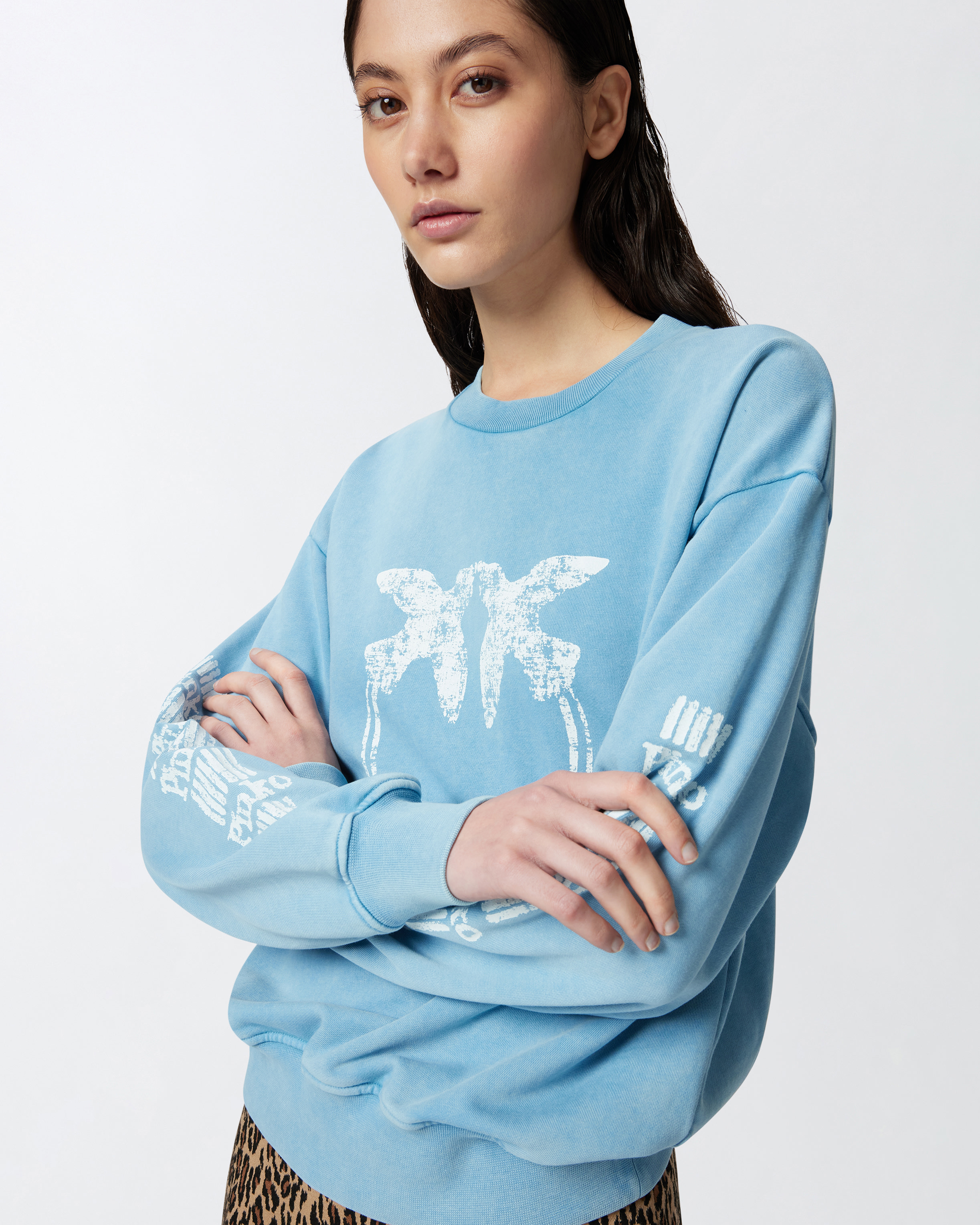 Pinko Cotton Sweatshirt With Logoed Sleeves In Air Blue