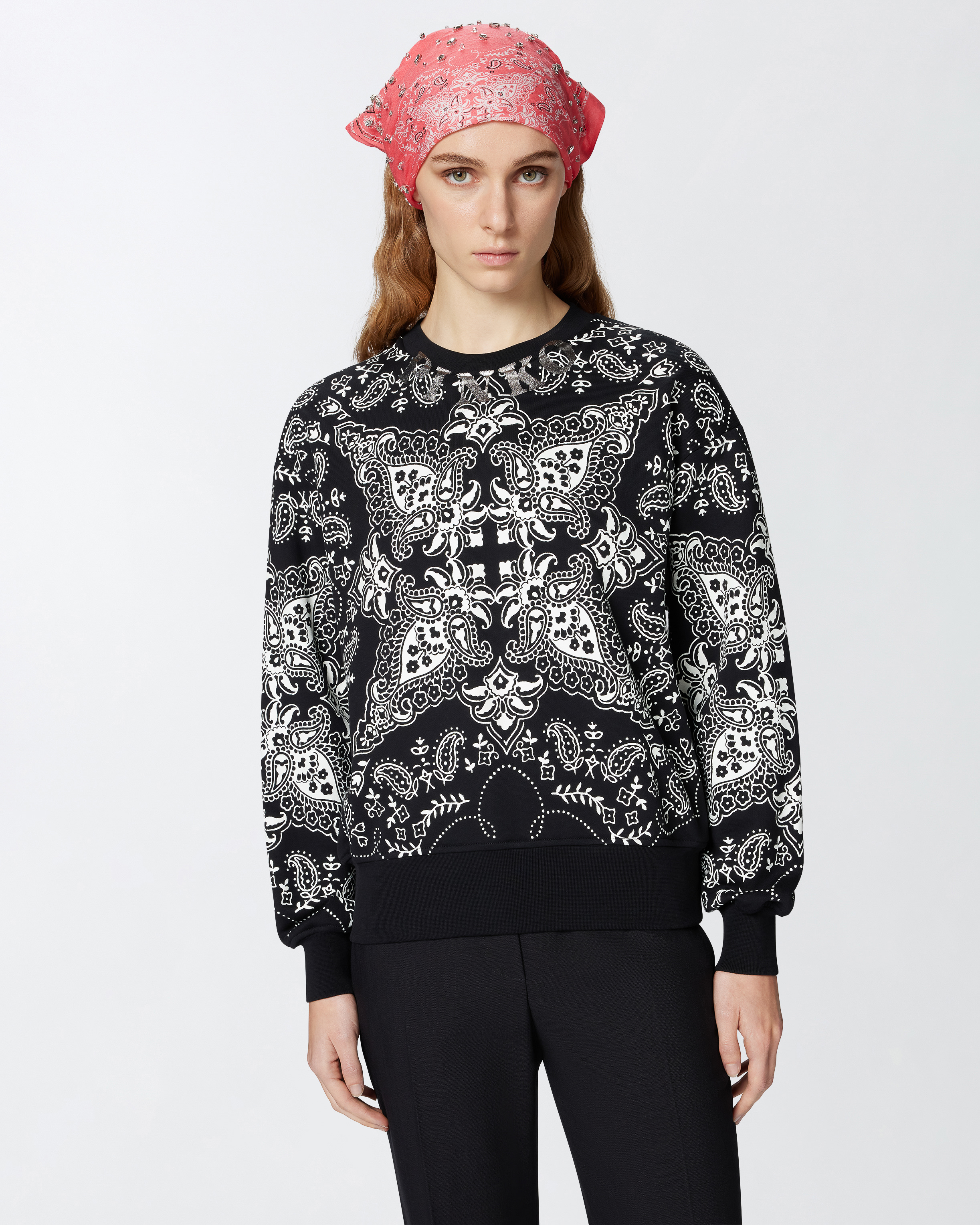 Pinko Cotton Sweatshirt With Bandana Print In Multi Nero/ecru/argento