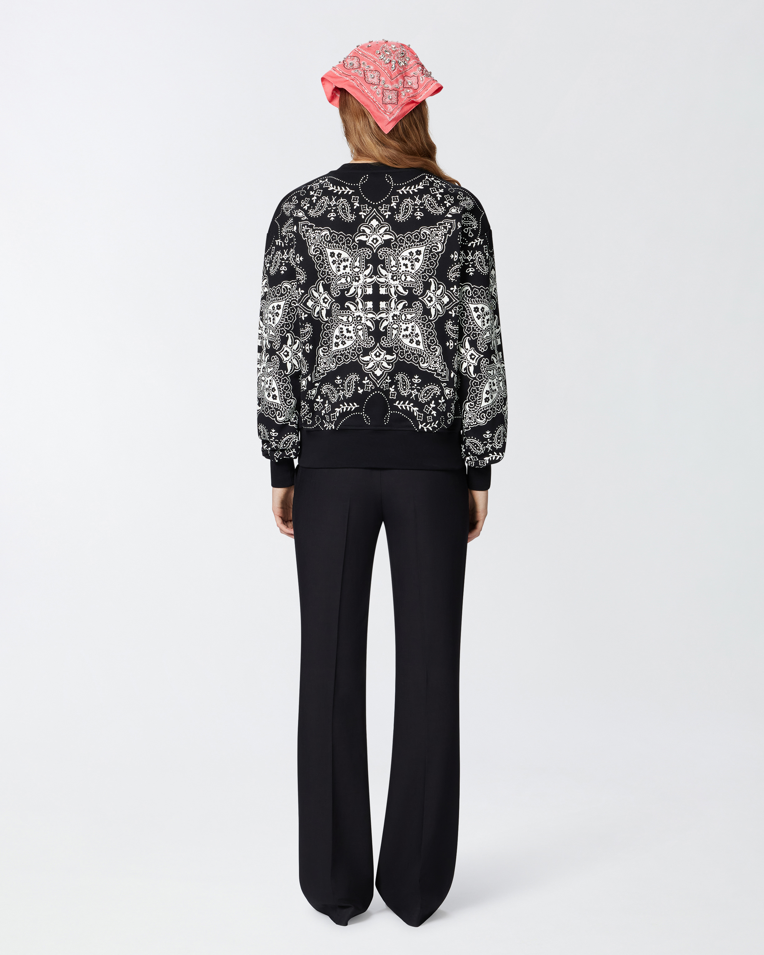 Pinko Cotton Sweatshirt With Bandana Print In Multi Nero/ecru/argento