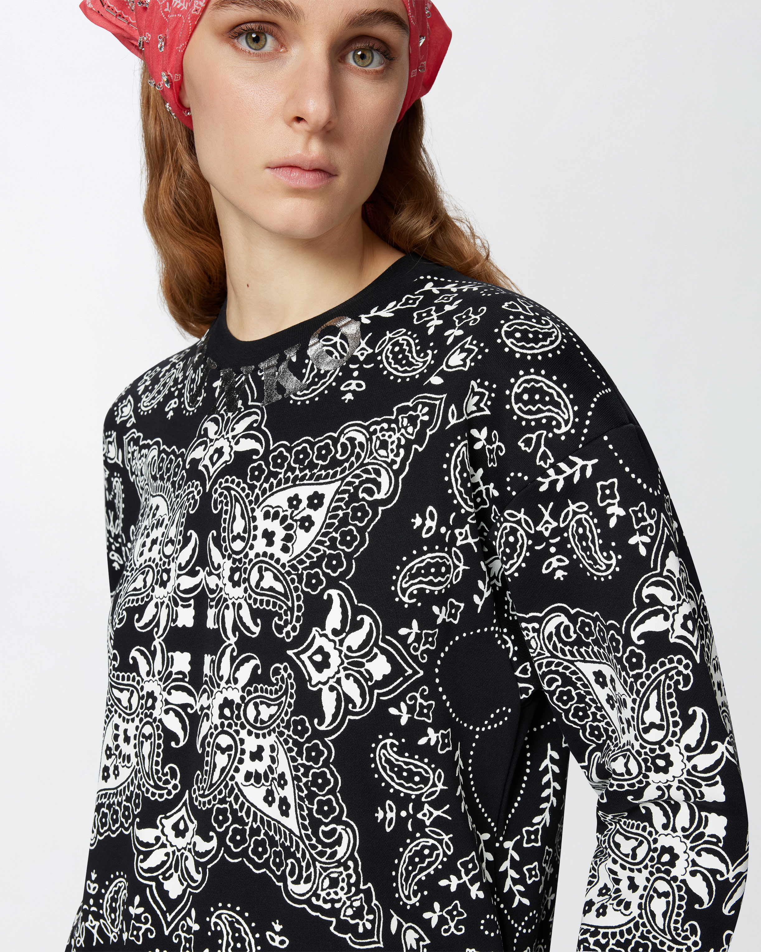 Pinko Cotton Sweatshirt With Bandana Print In Multi Nero/ecru/argento