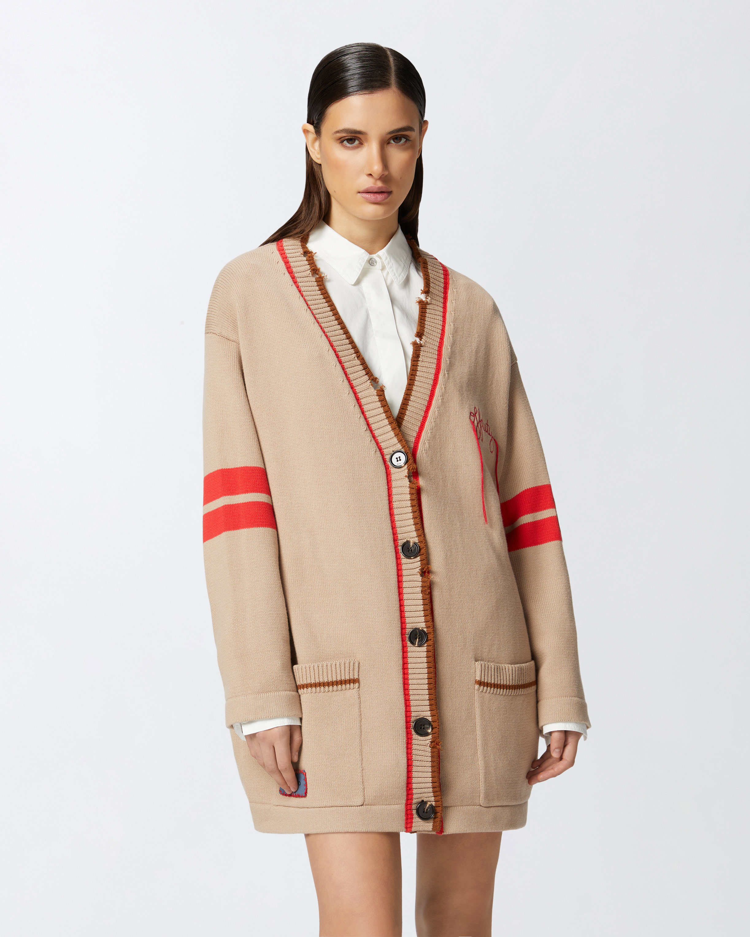 Pinko Varsity-style Cardigan With Embroidery And Patch In Multicolour: Beige/red