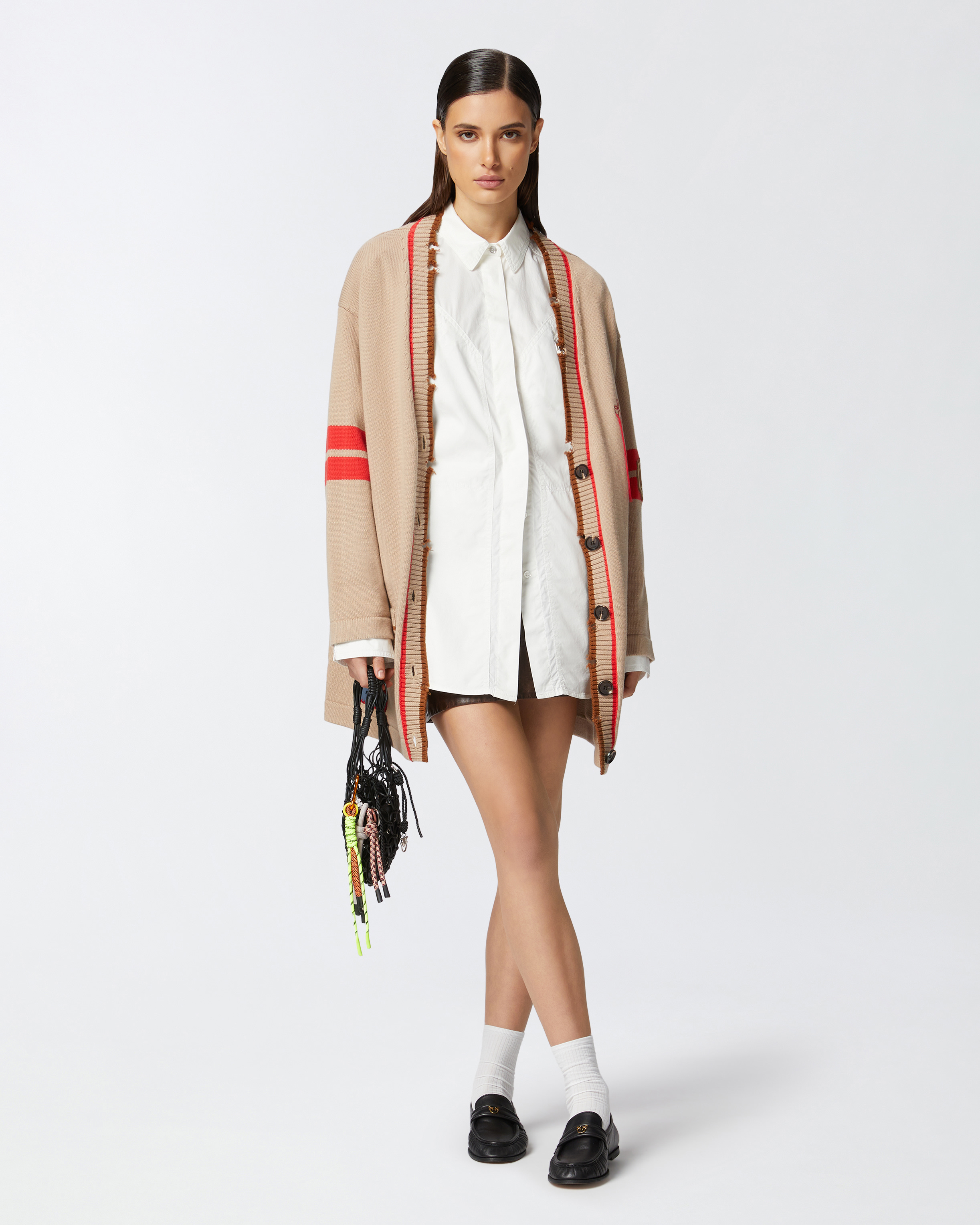 Pinko Varsity-style Cardigan With Embroidery And Patch In Multicolour: Beige/red
