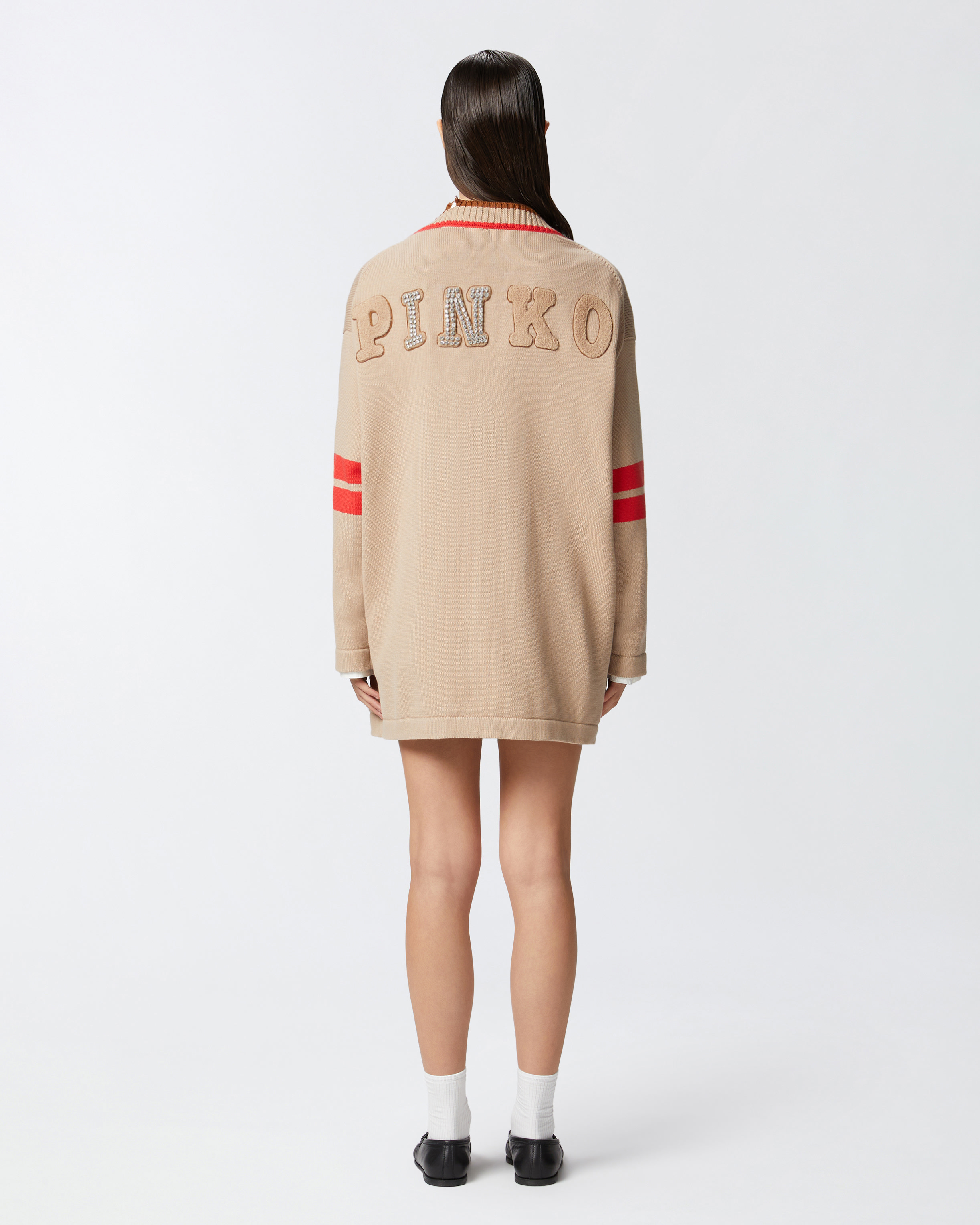 Pinko Varsity-style Cardigan With Embroidery And Patch In Multicolour: Beige/red