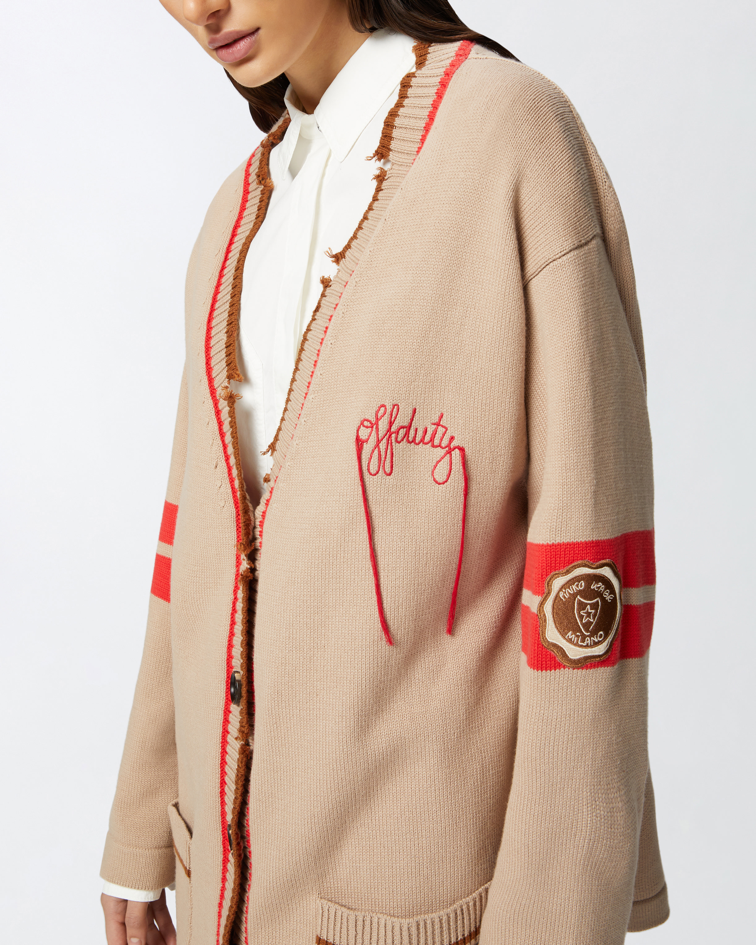 Pinko Varsity-style Cardigan With Embroidery And Patch In Multicolour: Beige/red