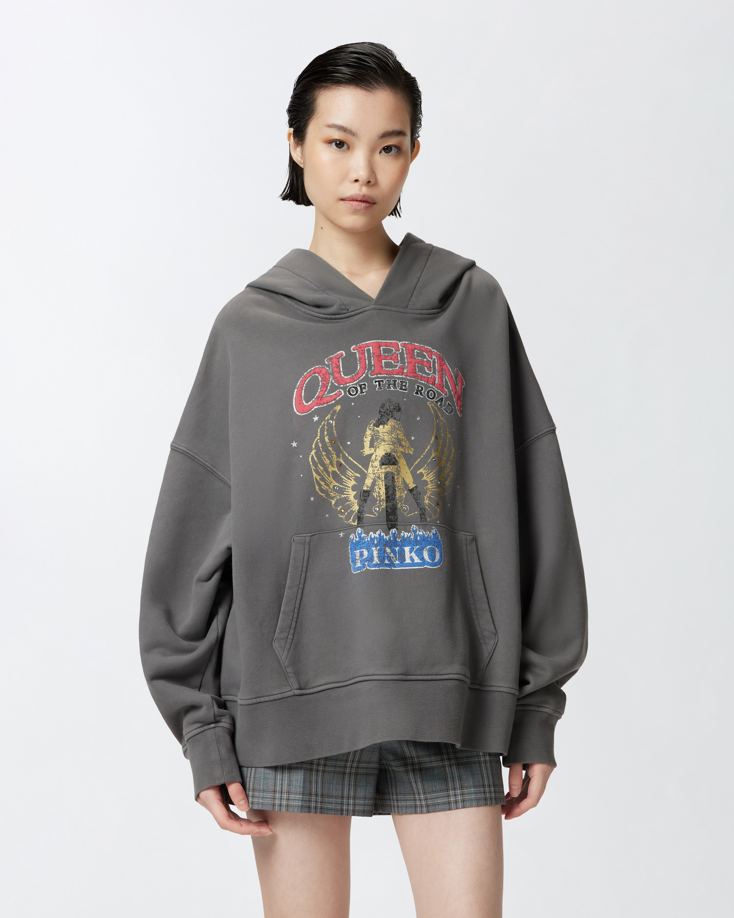 Pinko Motorbike Rider-print Oversized Hoodie In Grey-dark Seagull