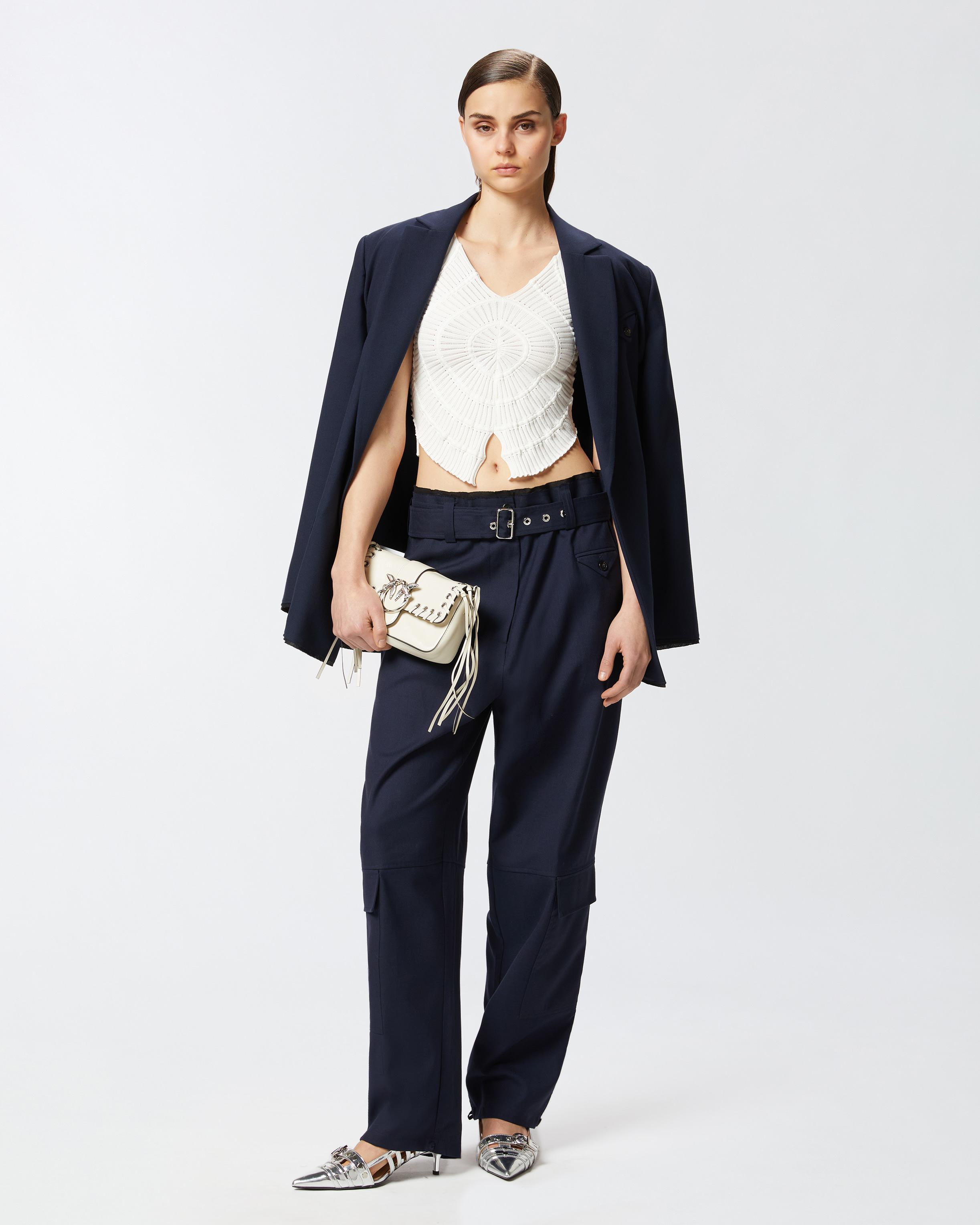 Pinko Cropped White Ribbed Viscose Blend T-shirt