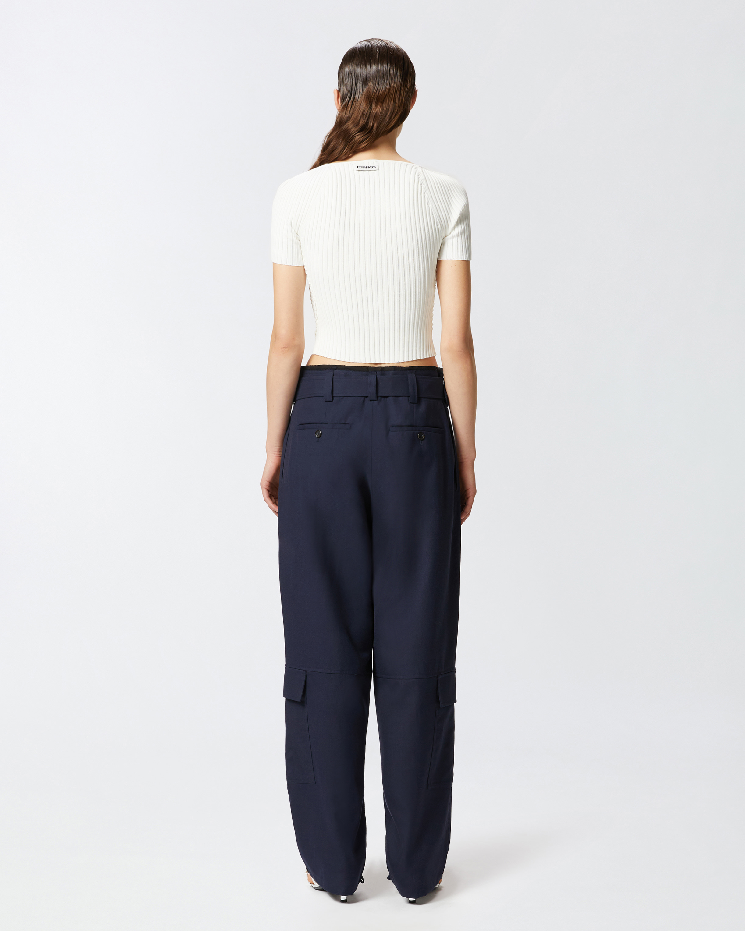 Pinko Cropped White Ribbed Viscose Blend T-shirt