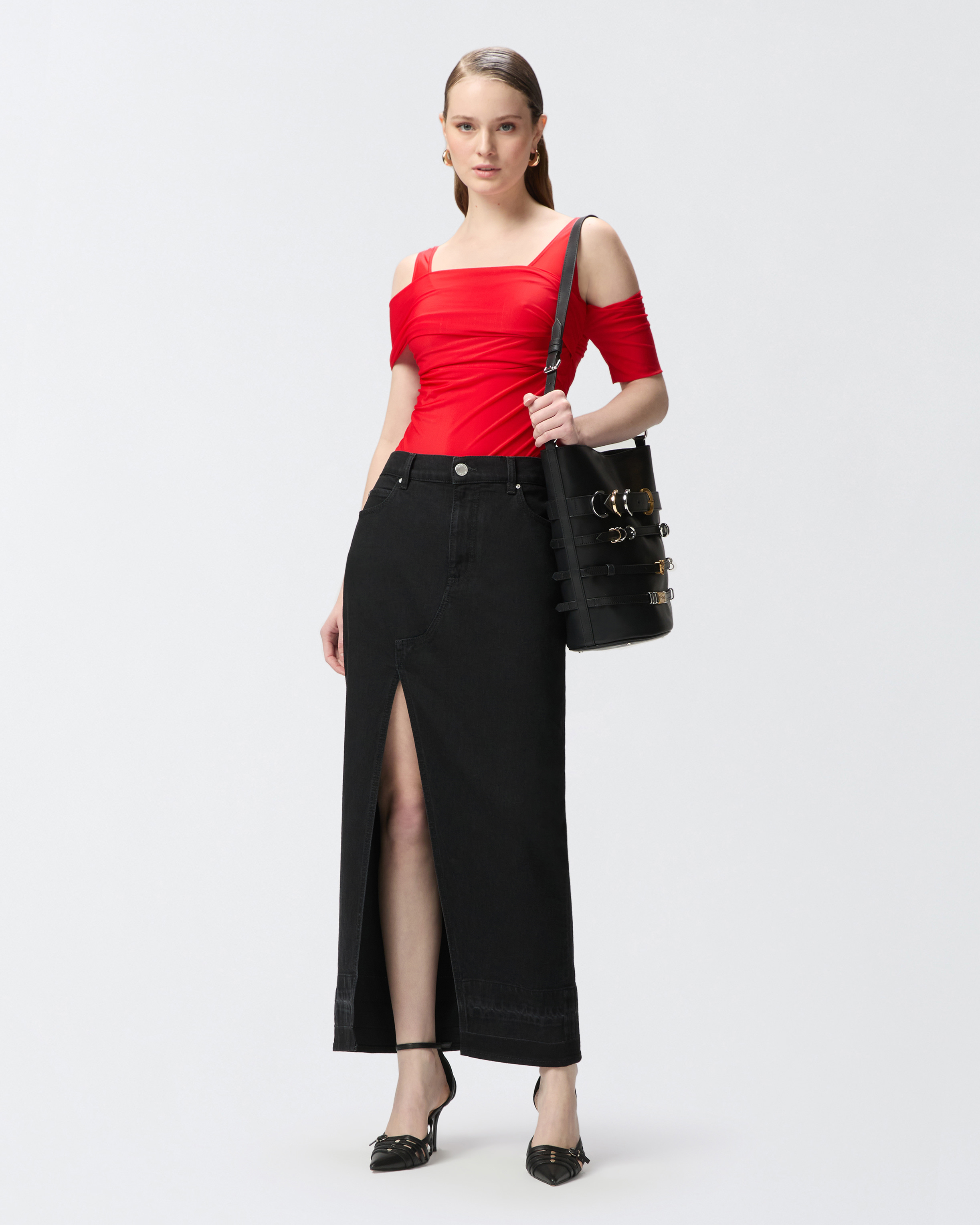 Pinko Jupe Longue Fendue En Denim Noir In Limo Black