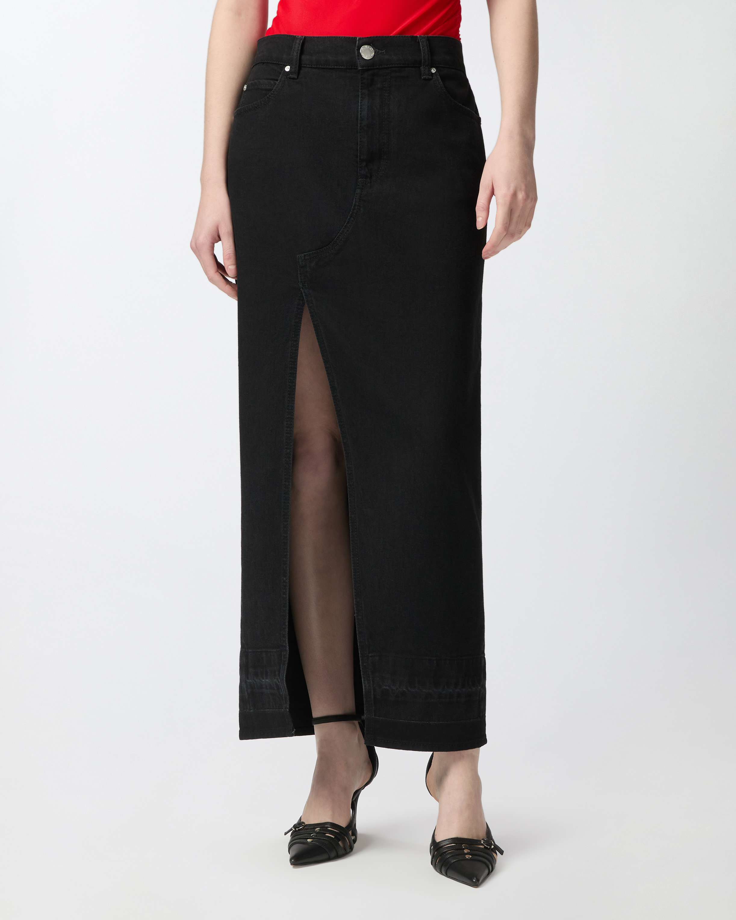 Pinko Jupe Longue Fendue En Denim Noir In Limo Black