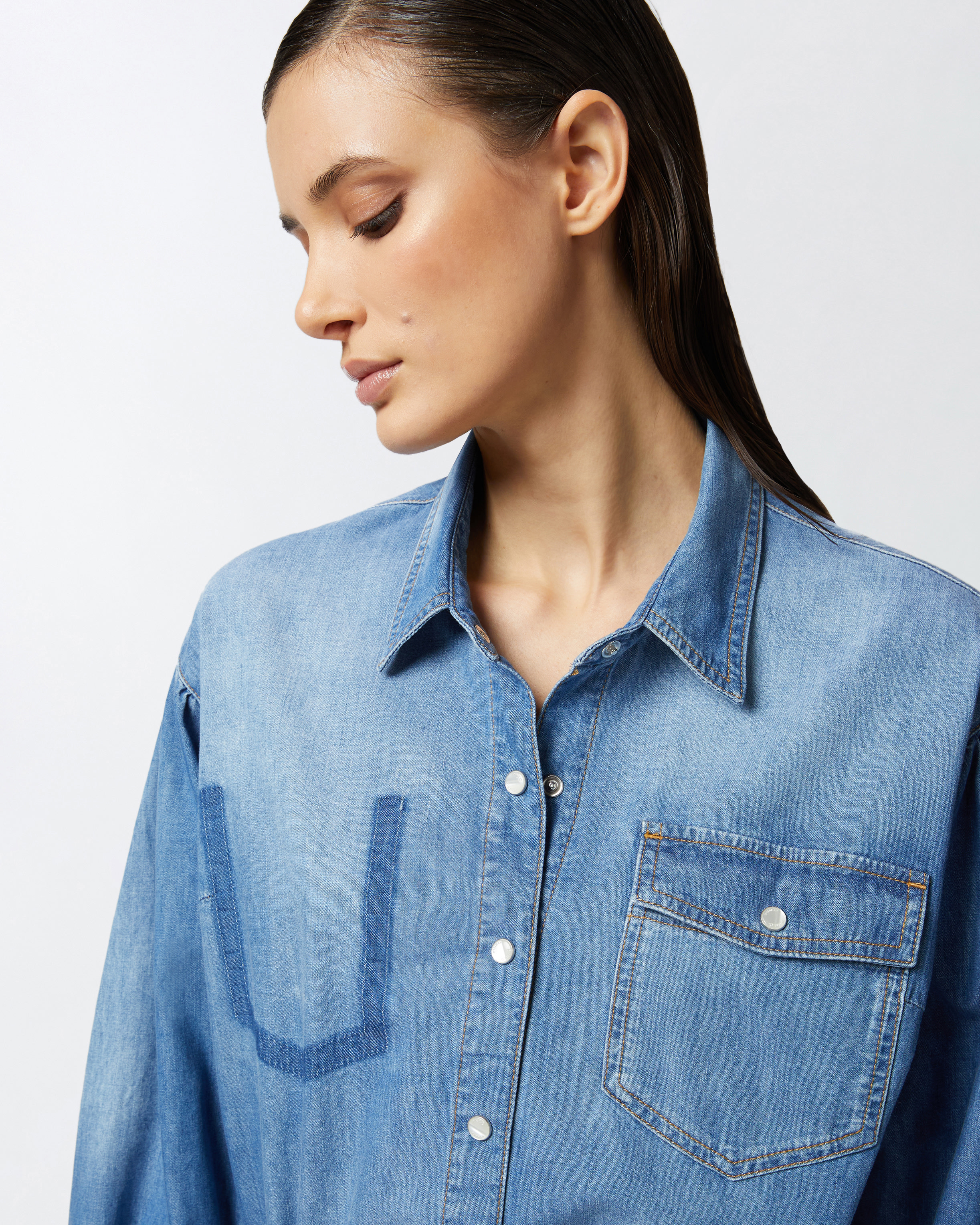 Pinko Chemise En Jean À Manches Trois-quarts In Medium Light Wash