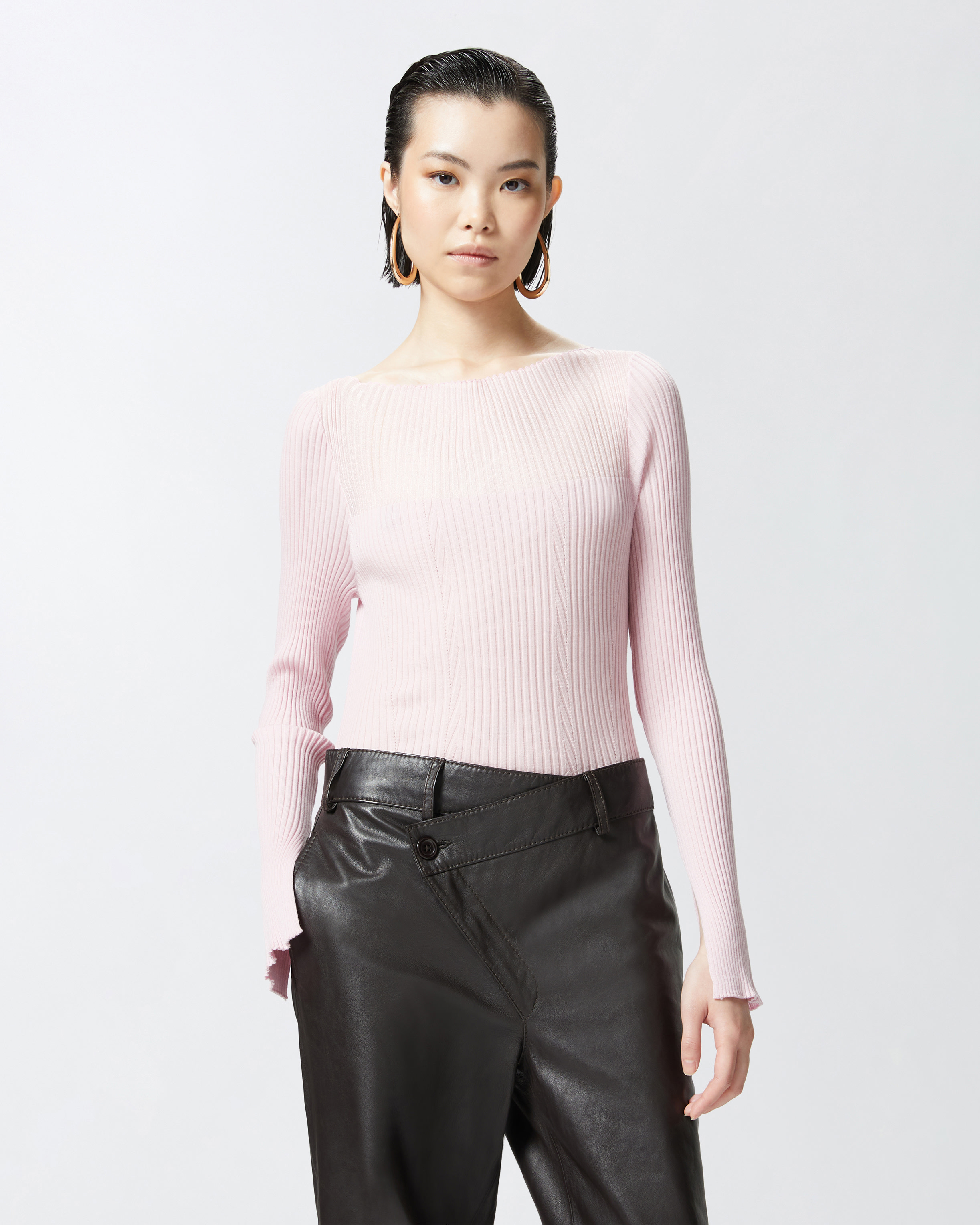 Pinko Long-sleeved Ribbed Sweater In Silk And Cashmere In Pale Lilac