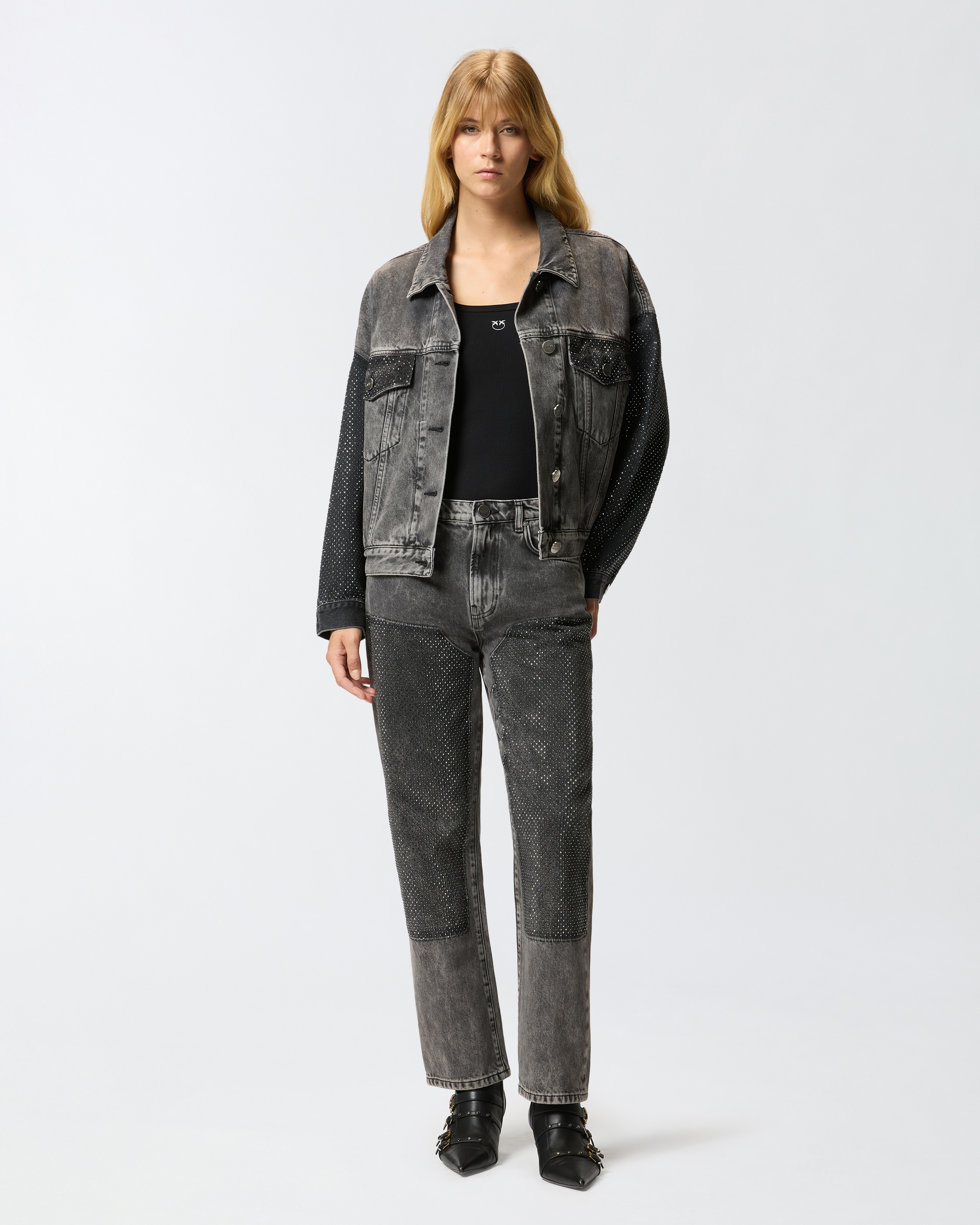 Джинсы свободного кроя с миниатюрными заклепками - СЕРЫЙ - large | Pinko 