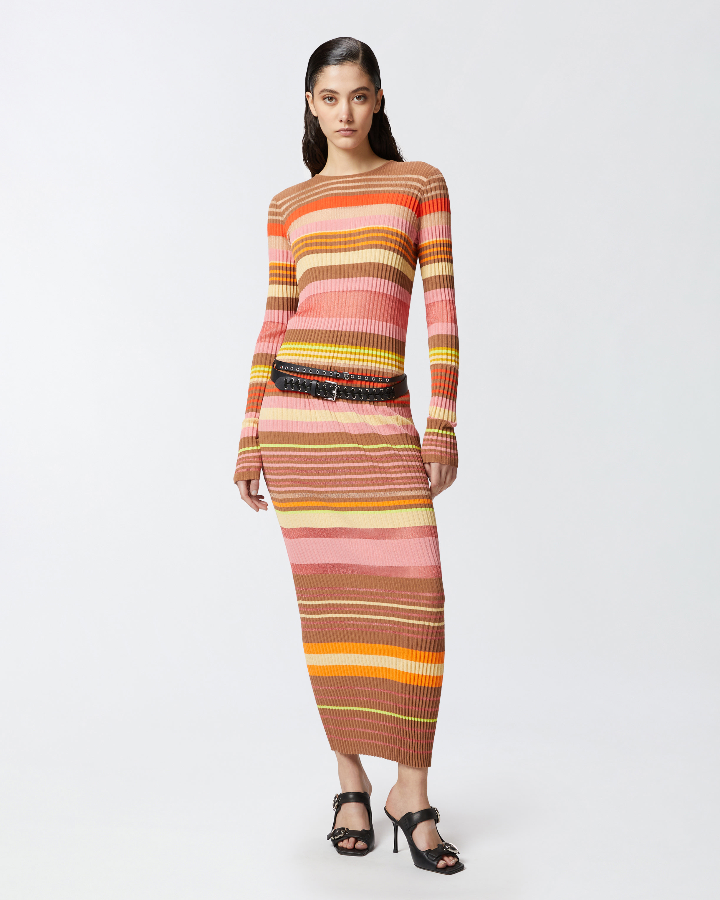 ワンピース Pinko SASSOLUNGO LONG DRESS IN COLOURED STRIPED KNIT Pinko Sassolungo Dress With Round Neck And Long Sleeves In