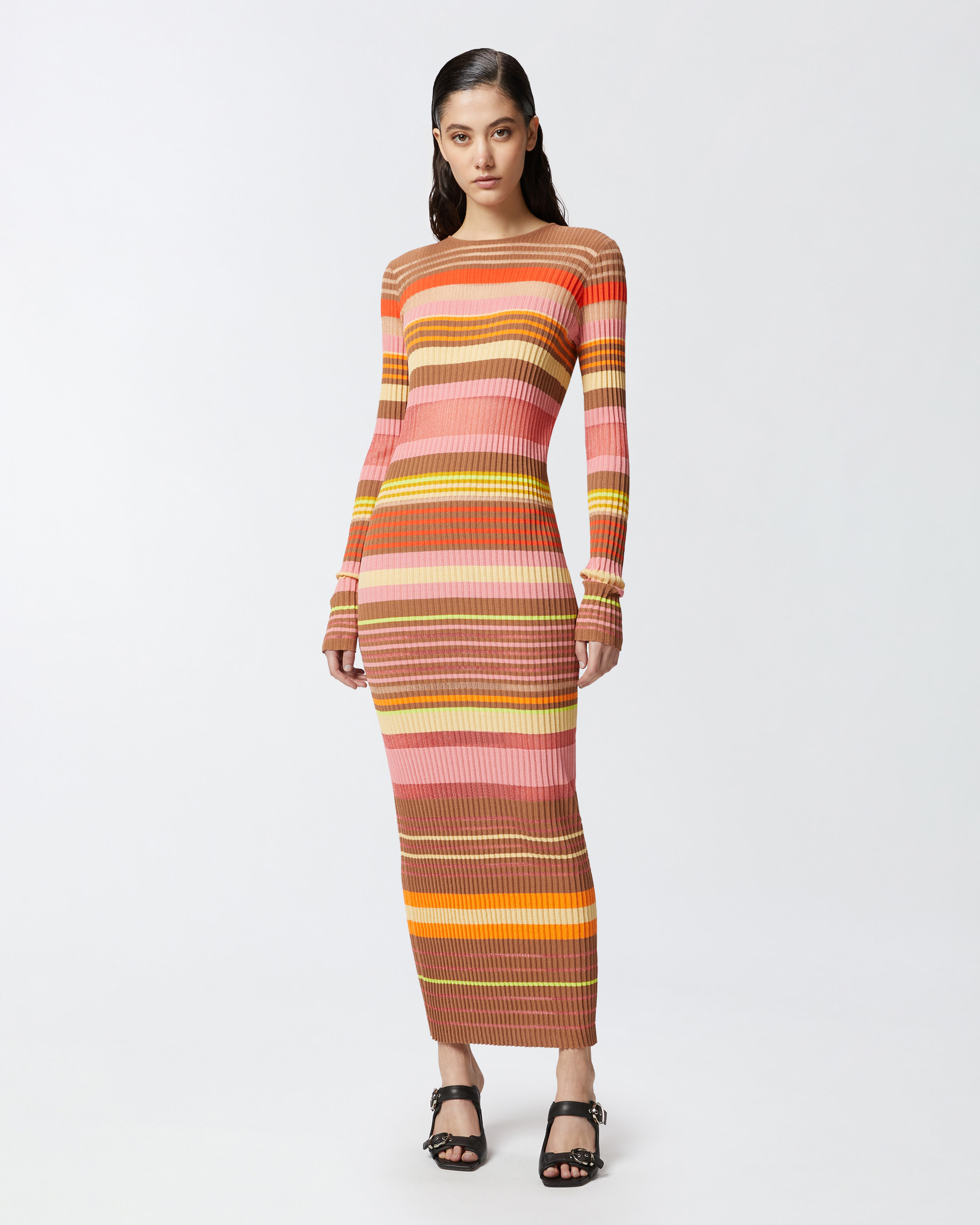 Pinko Robe Longue En Maille À Rayures Colorées In Mult.rosa/marrone/giallo