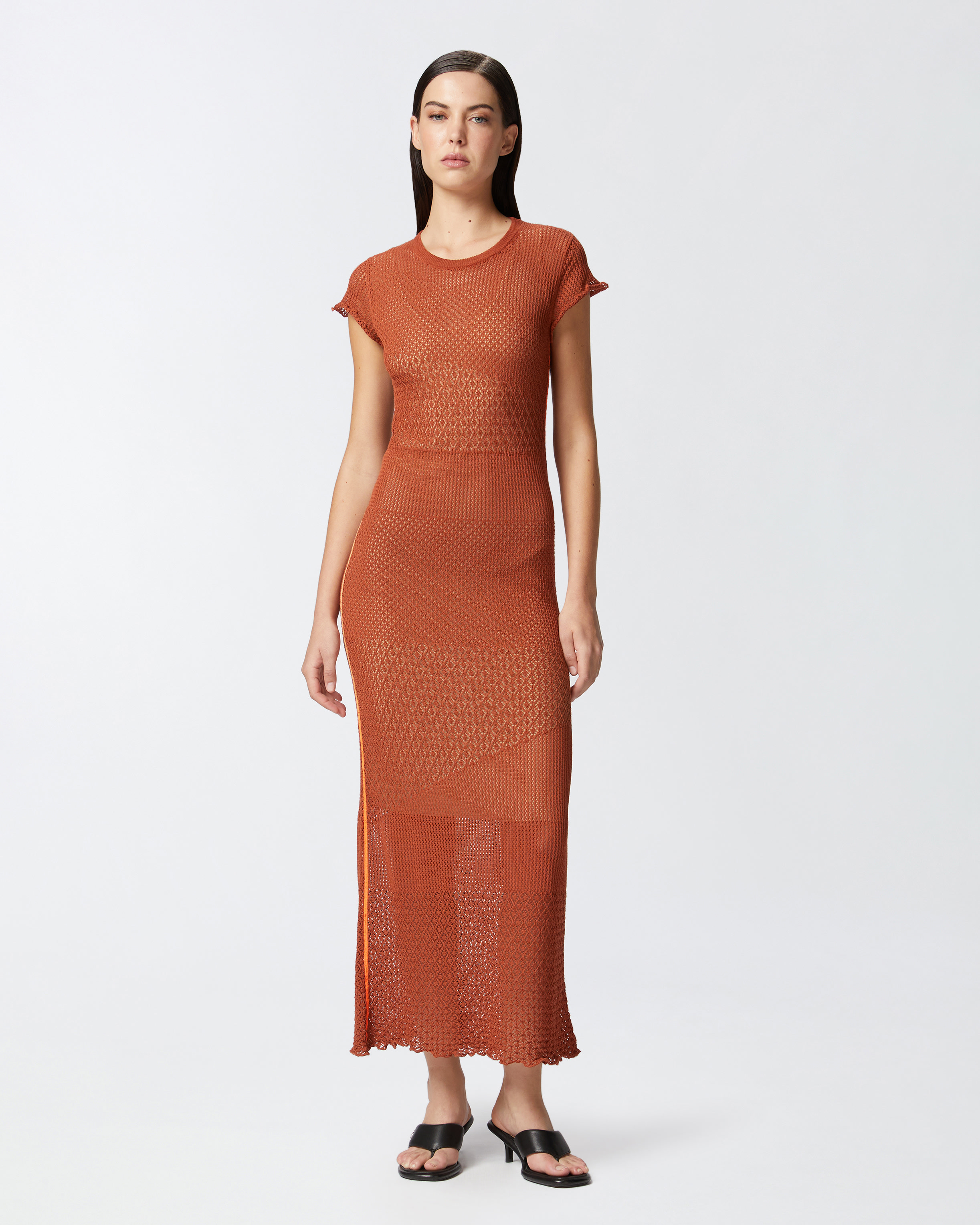 Pinko Long Summer Dress With Openwork Pattern In Sierra Brown