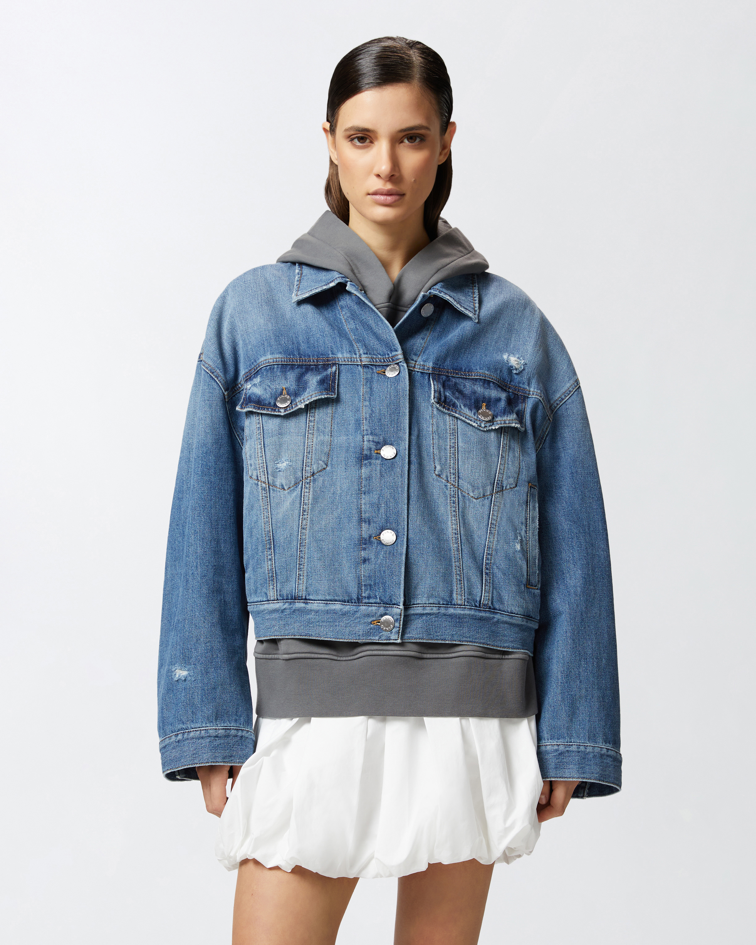 Pinko Denim Jacket Distressed Flap Pockets In Vintage Wash