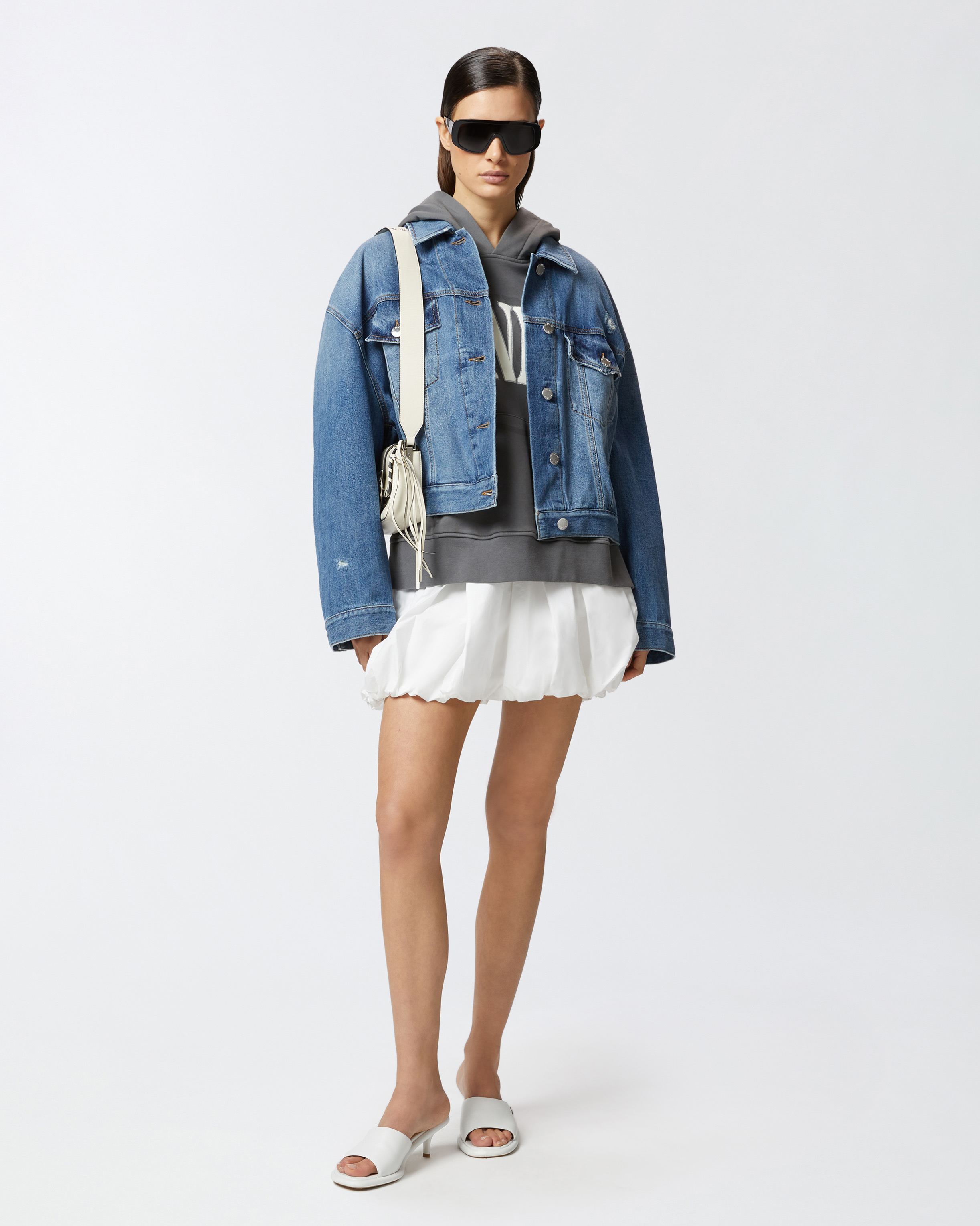Pinko Denim Jacket Distressed Flap Pockets In Vintage Wash