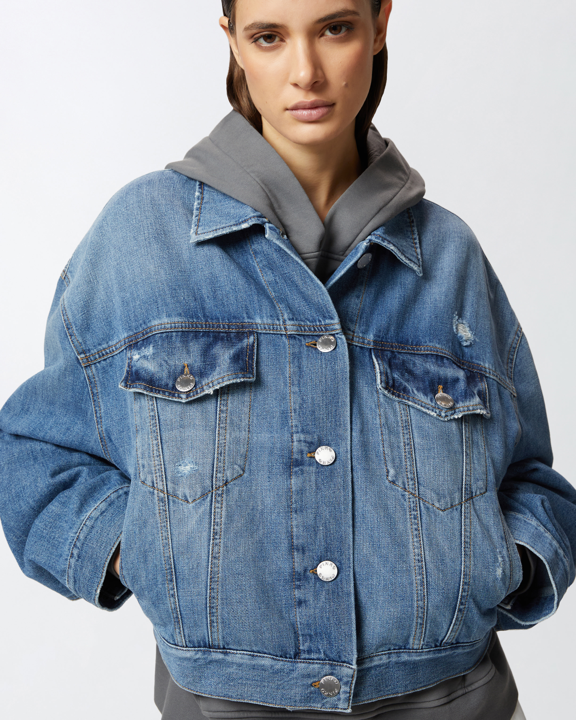 Pinko Denim Jacket Distressed Flap Pockets In Vintage Wash