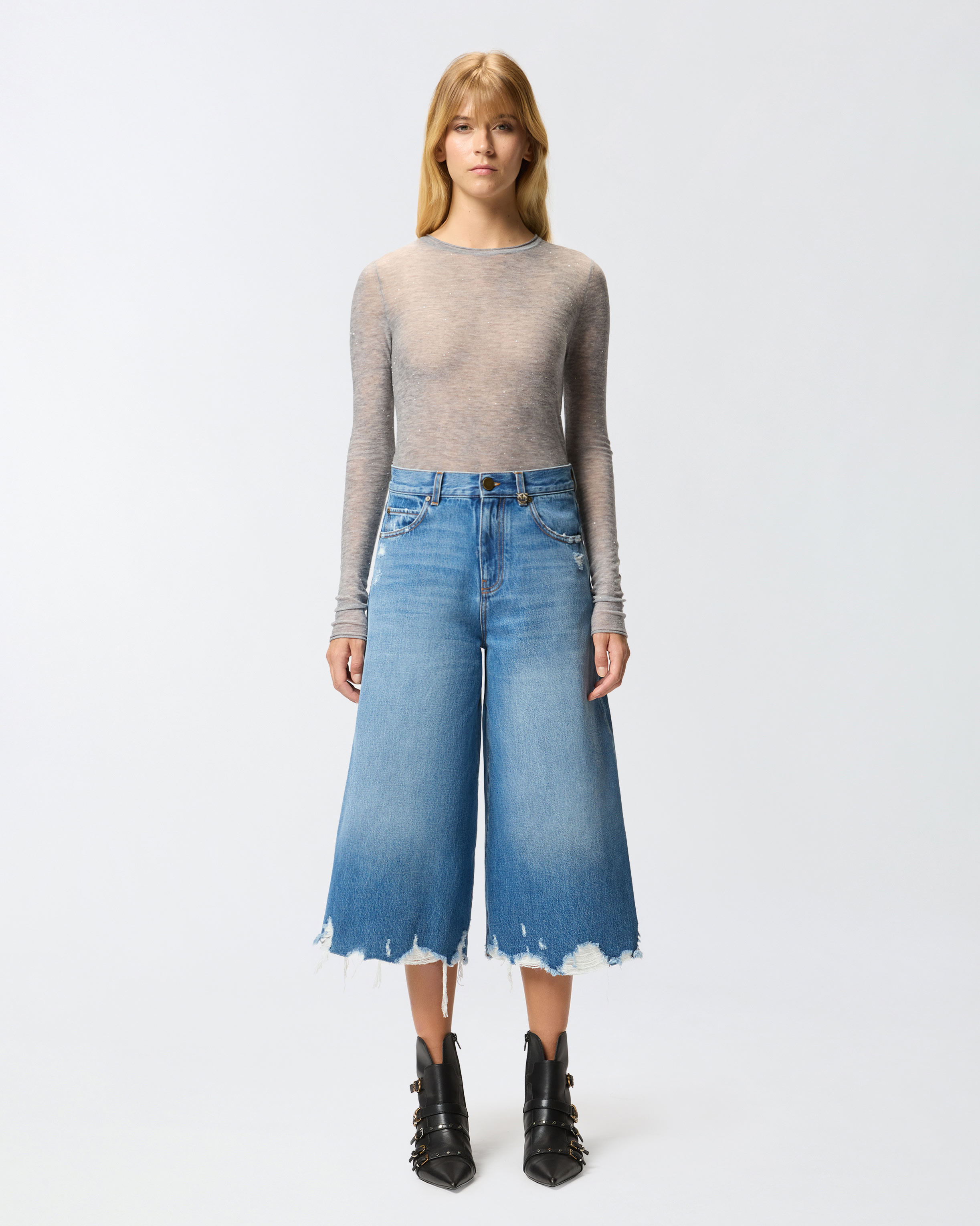 Pinko Long Denim Shorts With Distressed Hem In Blue