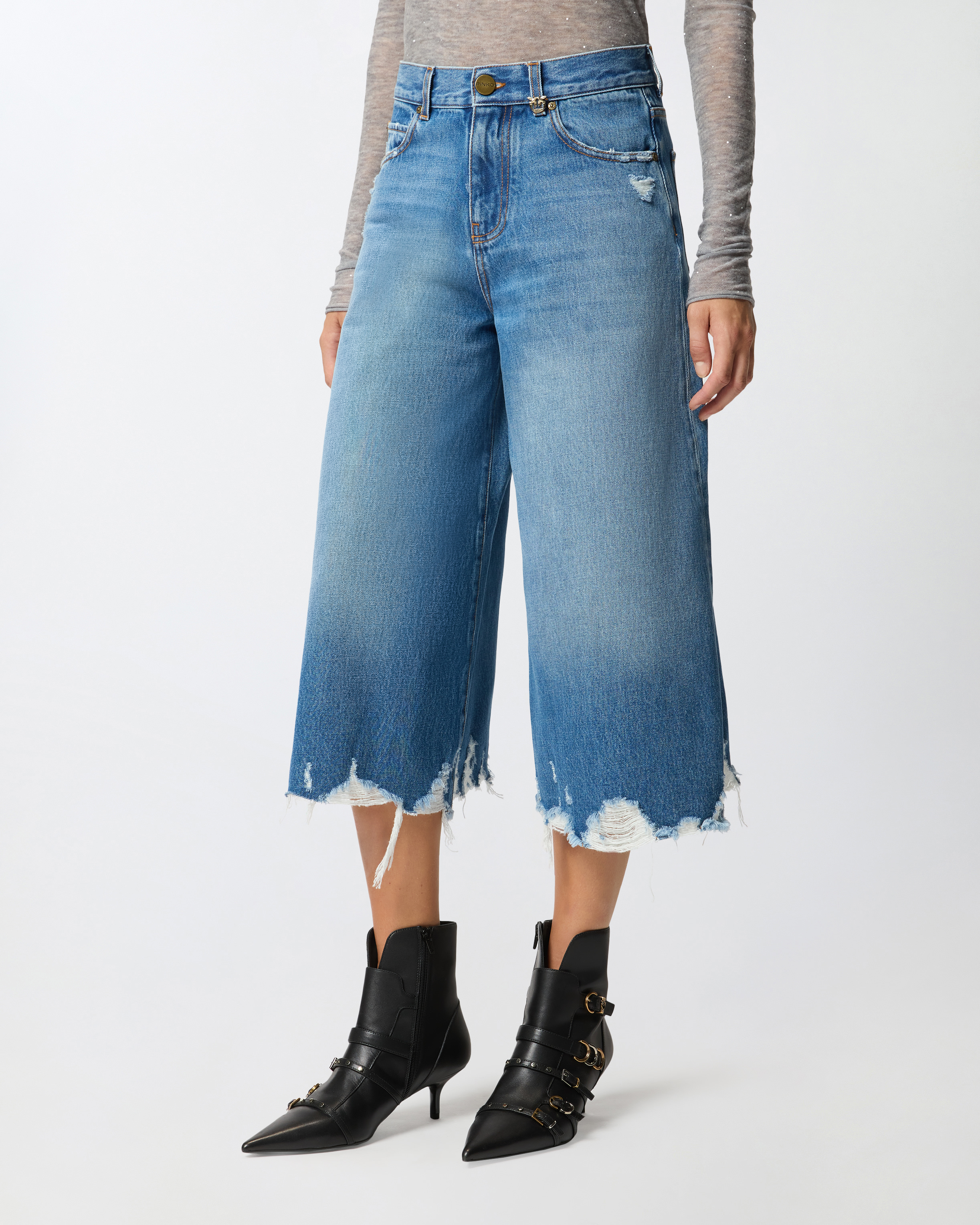 Pinko Long Denim Shorts With Distressed Hem In Blue