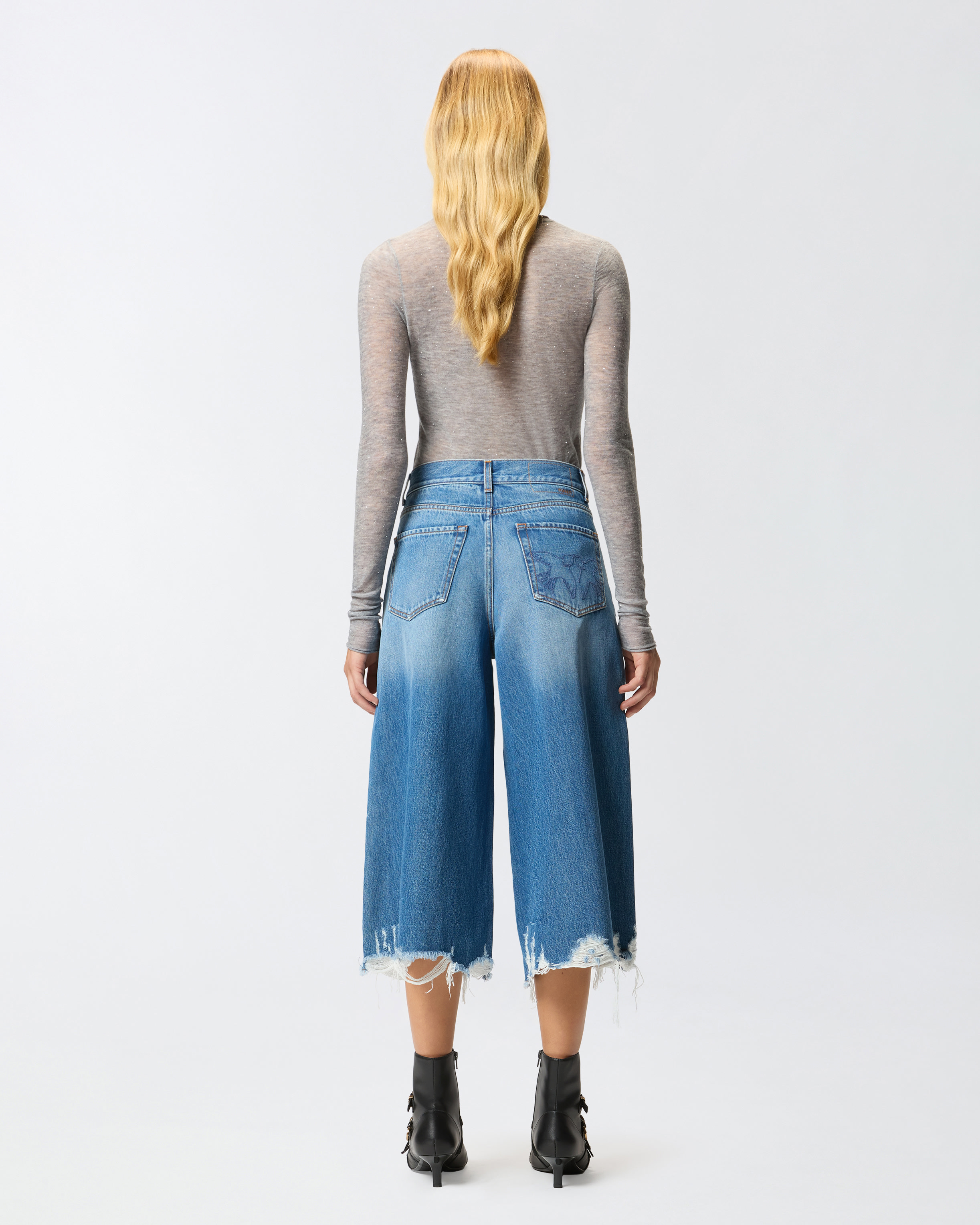 Pinko Long Denim Shorts With Distressed Hem In Blue