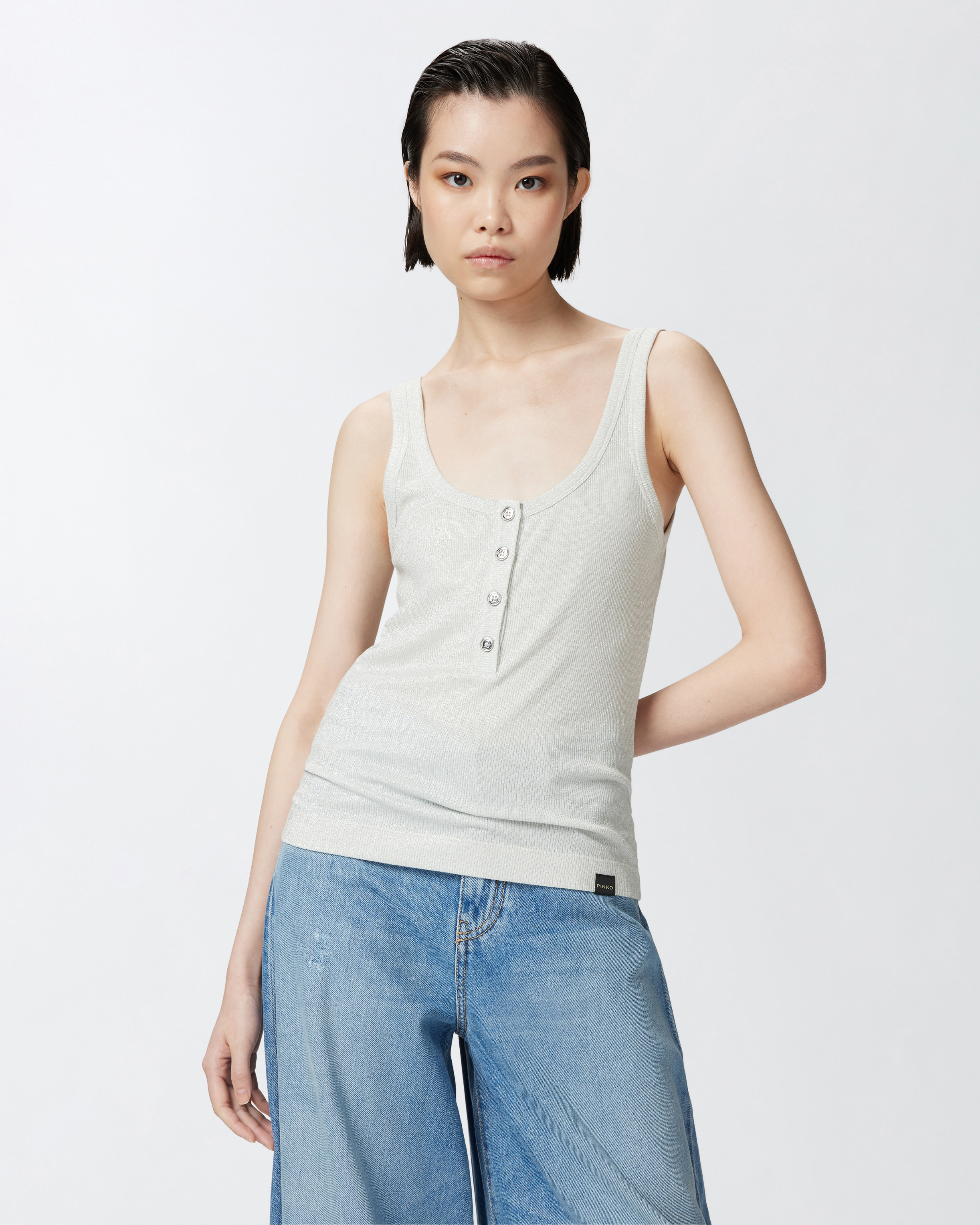 Top a canotta in maglia metallizzata con bottoni - Argento - large | Pinko 