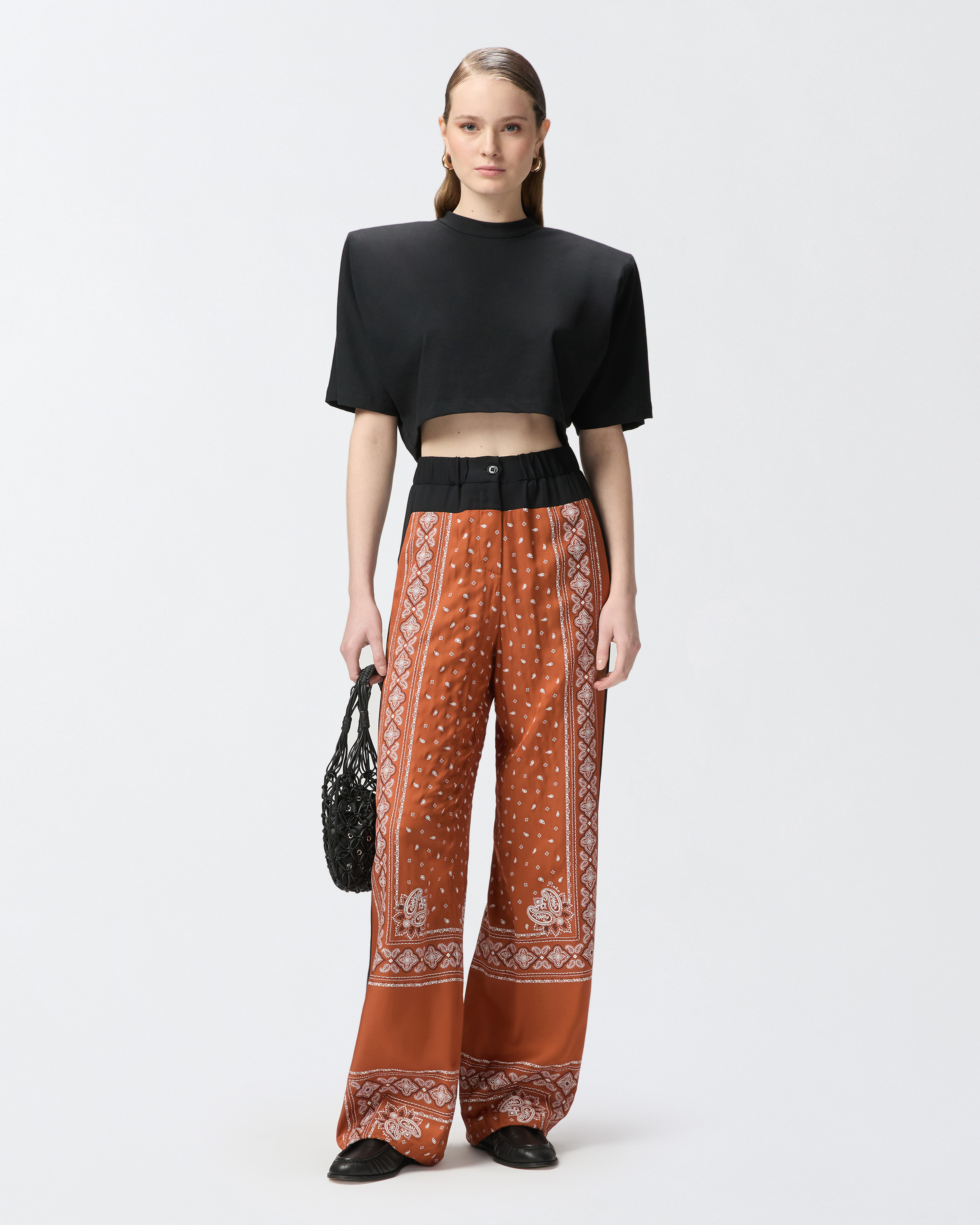 Pinko Wide Bandana Pattern Pants In Burnt/white