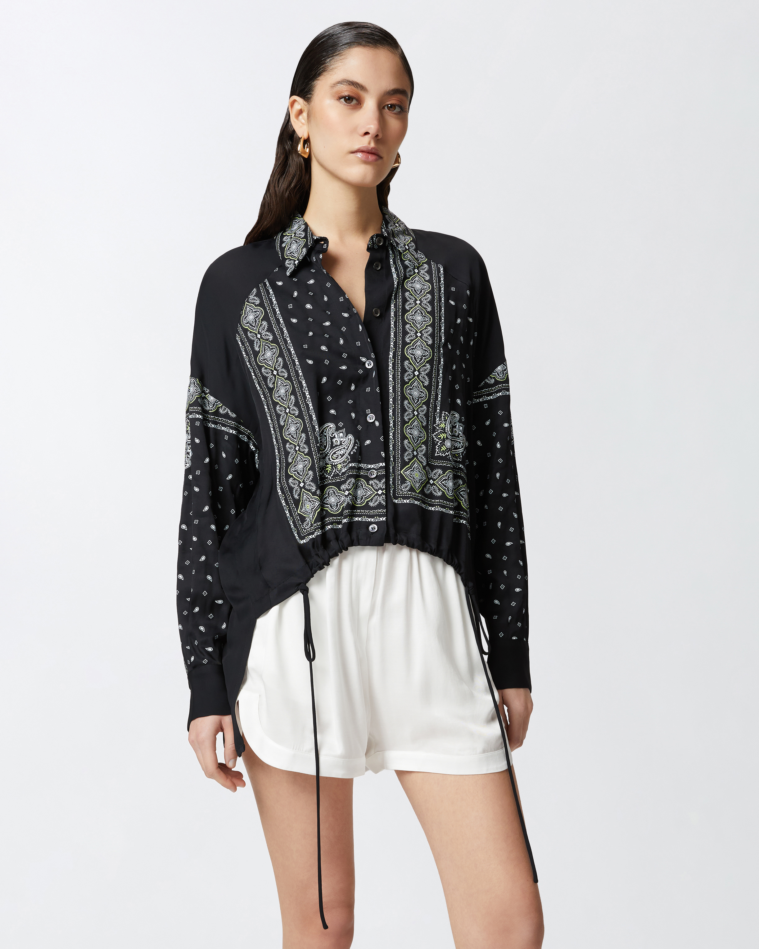 Pinko Bandana Print Button-down Shirt With Adjustable Hem In Black/lime