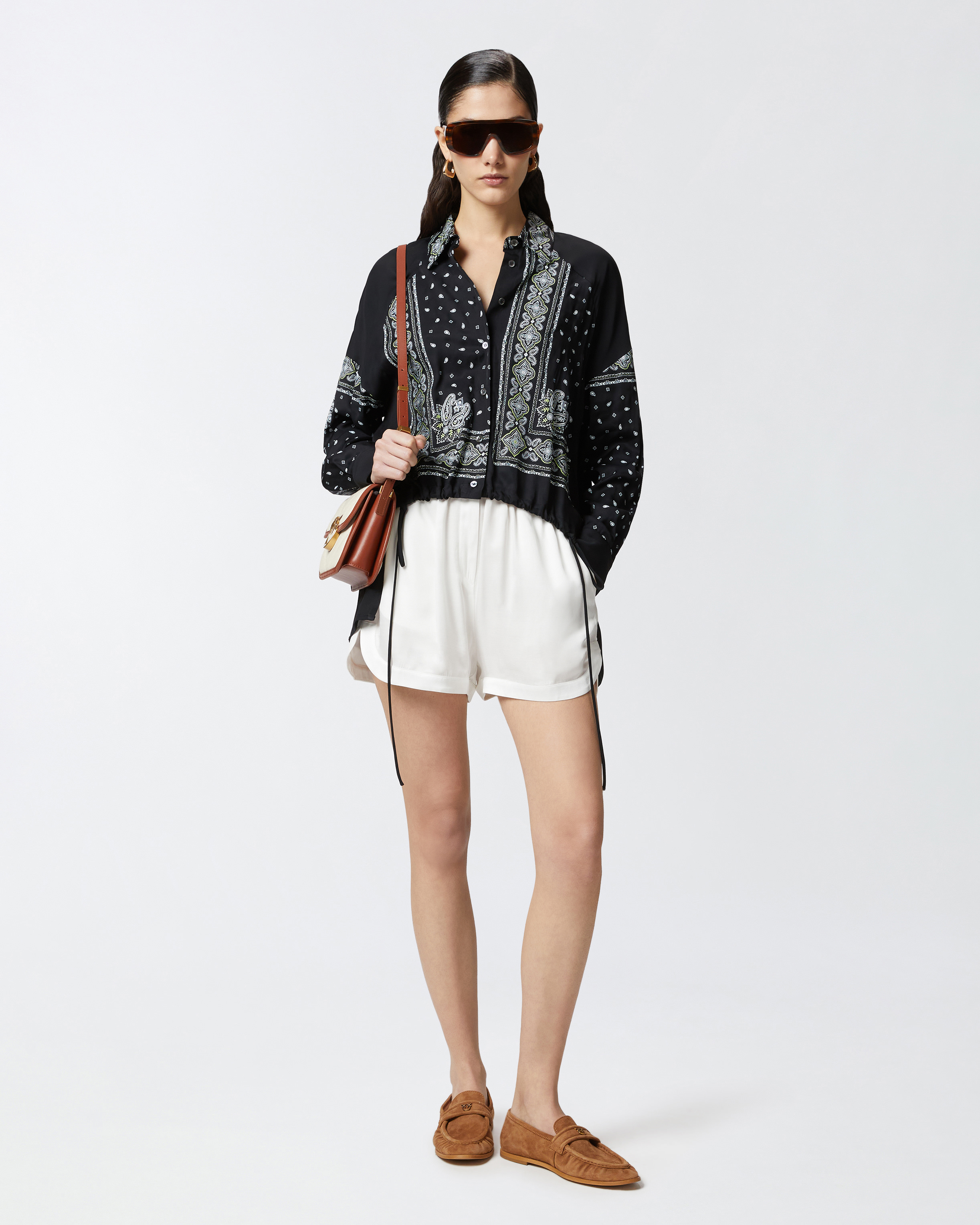 Pinko Bandana Print Button-down Shirt With Adjustable Hem In Black/lime