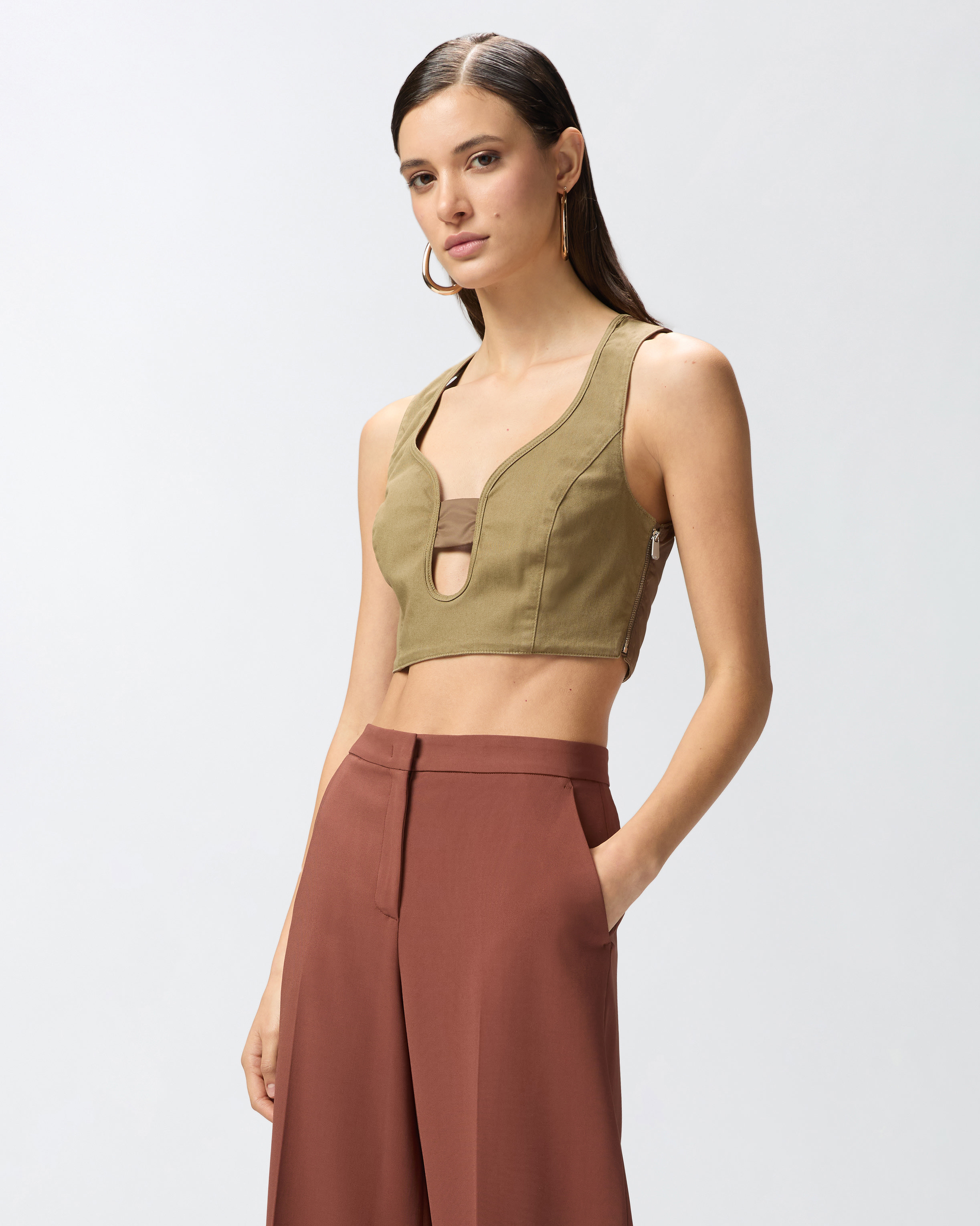 Pinko Cotton Crop Top With Neckline In Grigio Piombo
