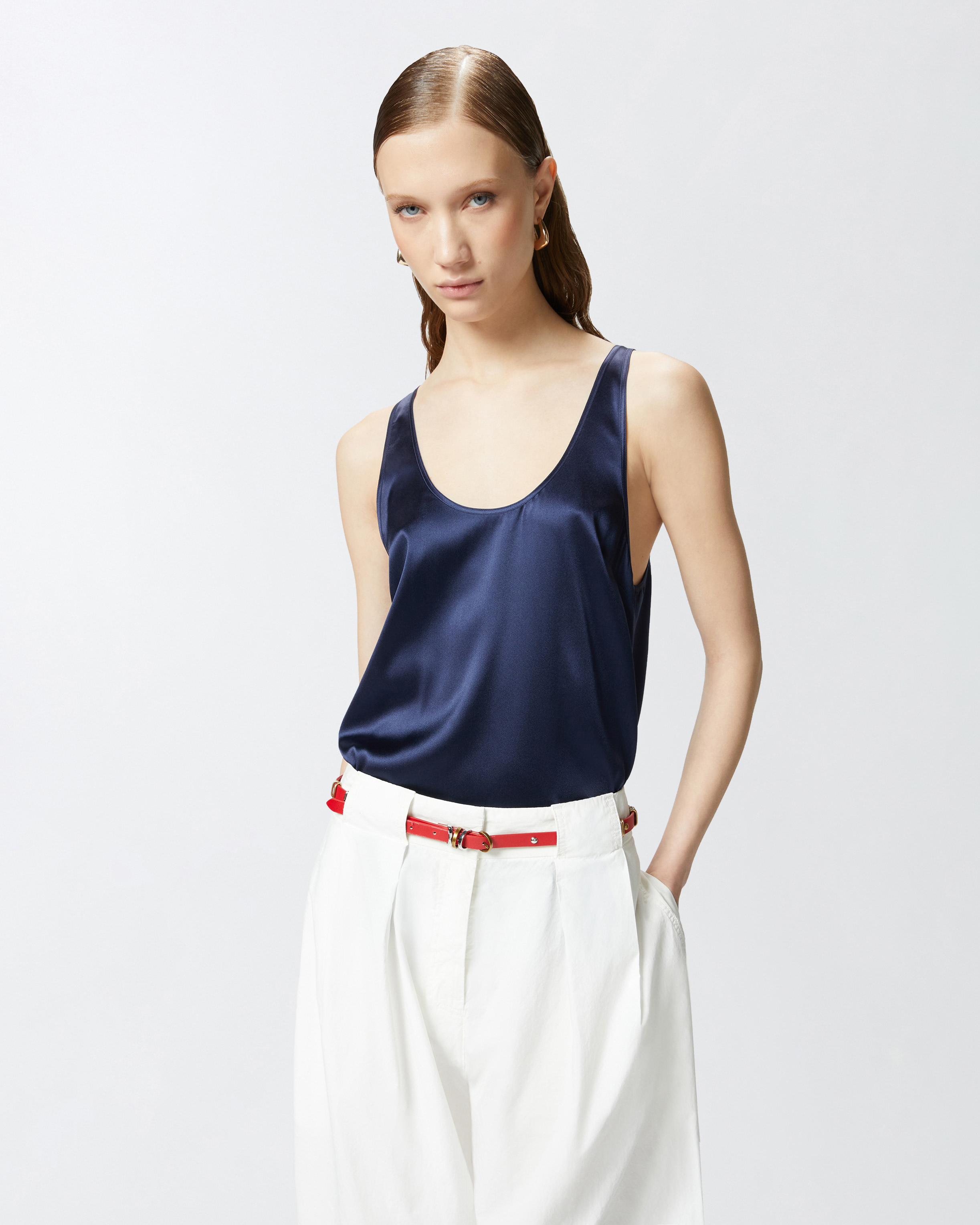 Canotta in satin di seta stretch - Blu - large | Pinko 