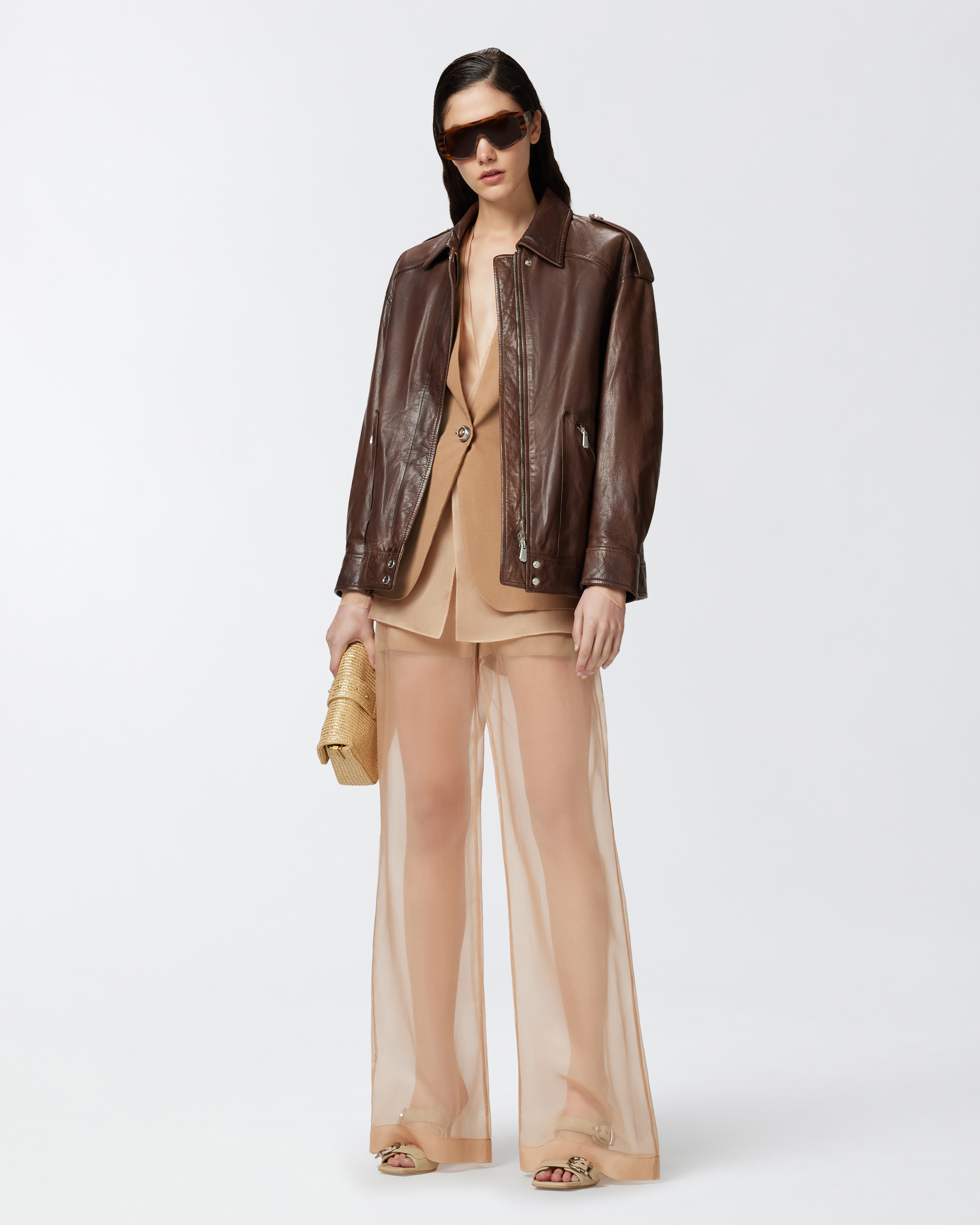 Pinko Blazer Elegante In Lino E Organza Di Seta In Marrone - Tordo