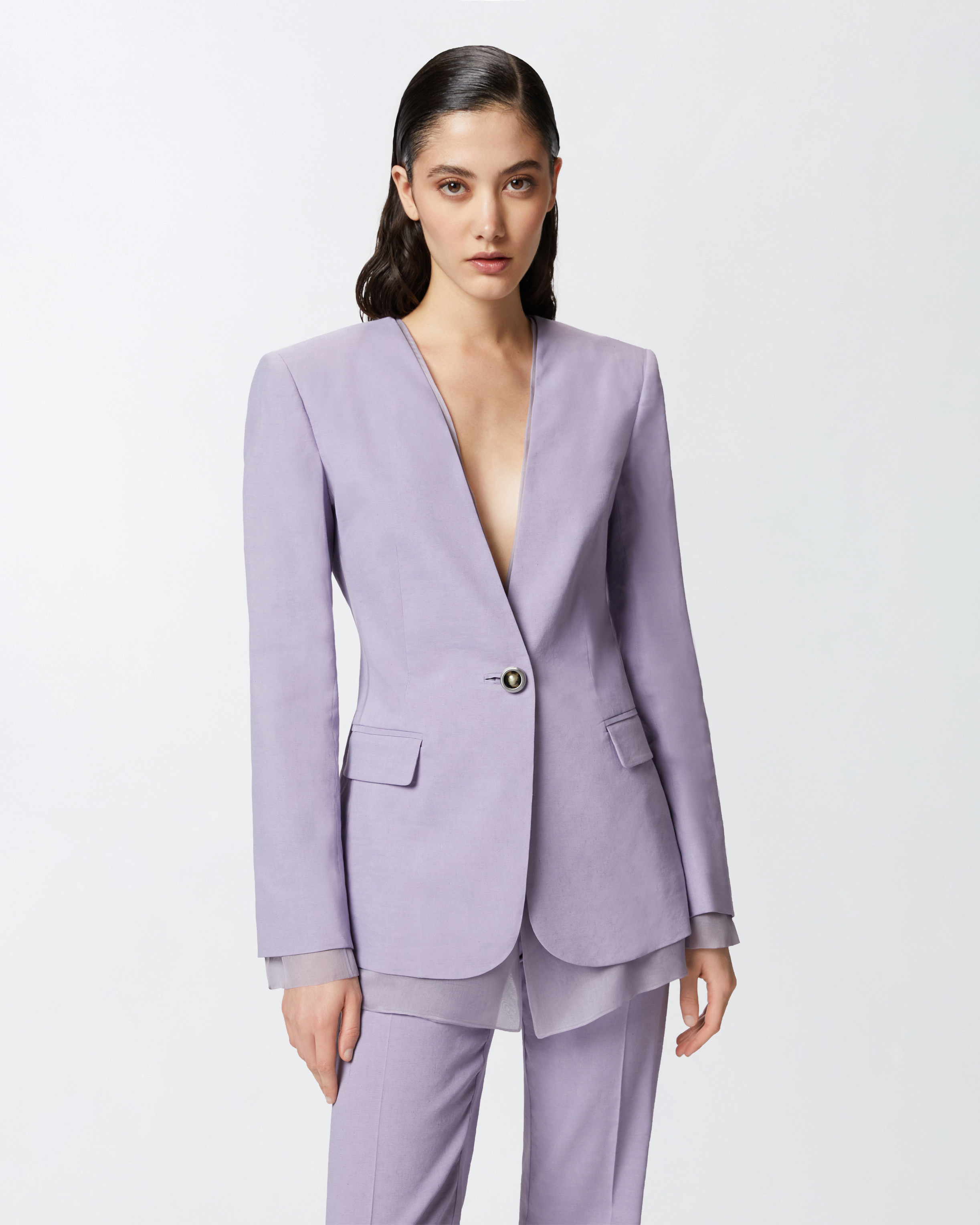 Pinko Blazer Elegante In Lino E Organza Di Seta In Viola Gesso
